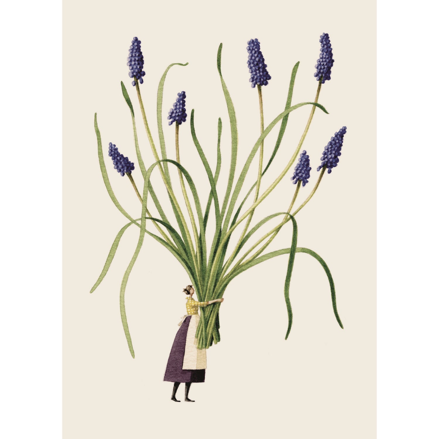 A water color illustration of a miniature woman holding a giant bundle of muscari flower and stems.