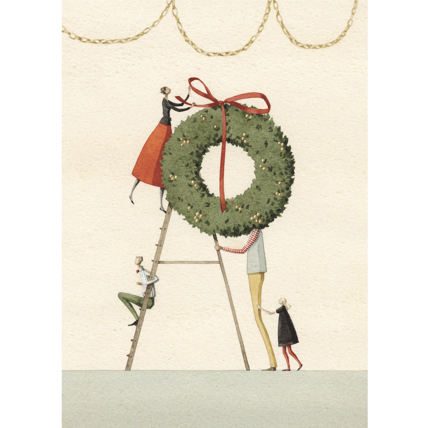 An illustration of a family of four people collaborating to hang a large wreath with a red bow, using a tall ladder under gold garland.