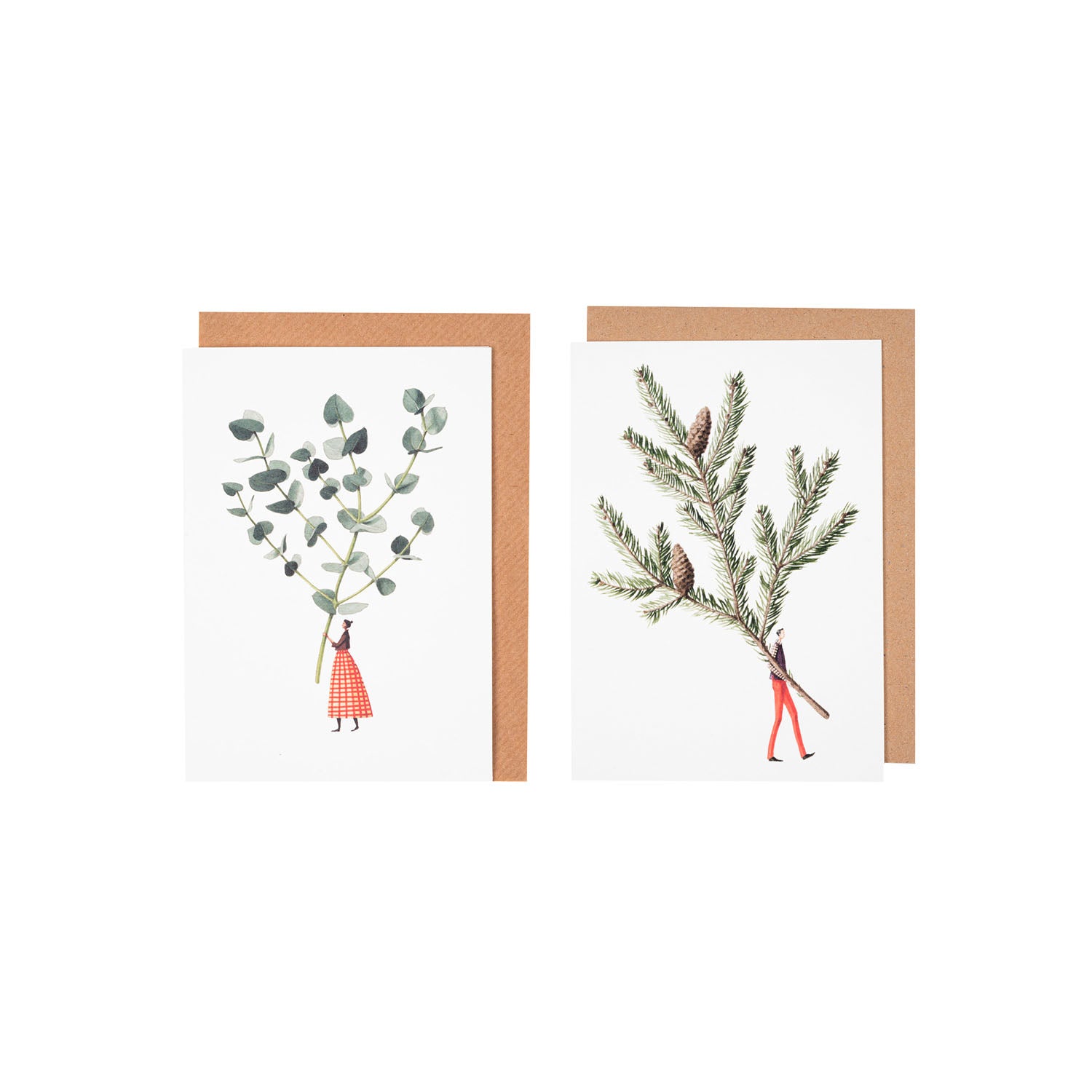 Two white Laura Stoddart Greeting Cards with the included kraft paper envelopes tucked behind: one features a small woman holding a gigantic sprig of eucalyptus, and the other featuring a man holding a gigantic spruce branch.