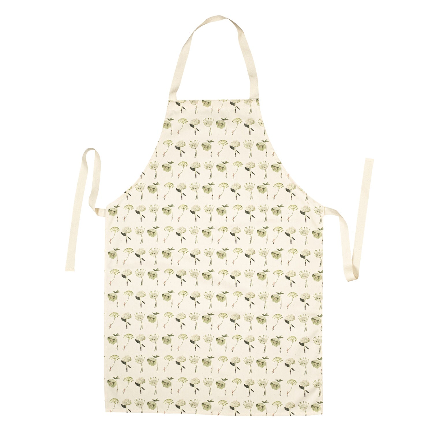 A linen apron patterned with illustrated tiny people holding gigantic pale green blooms by the stems.