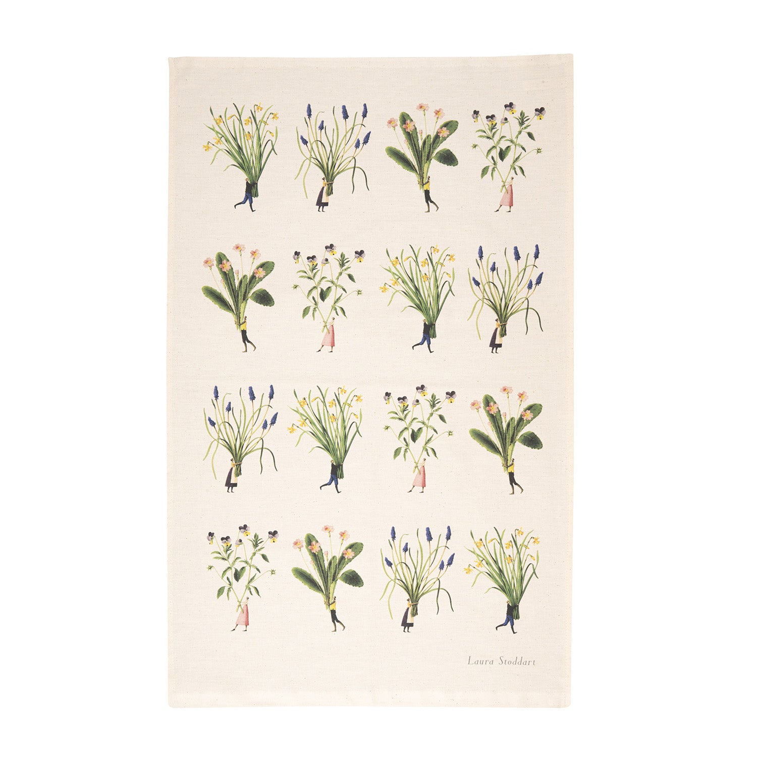 Tea towel with illustrations of flowers on a beige background.