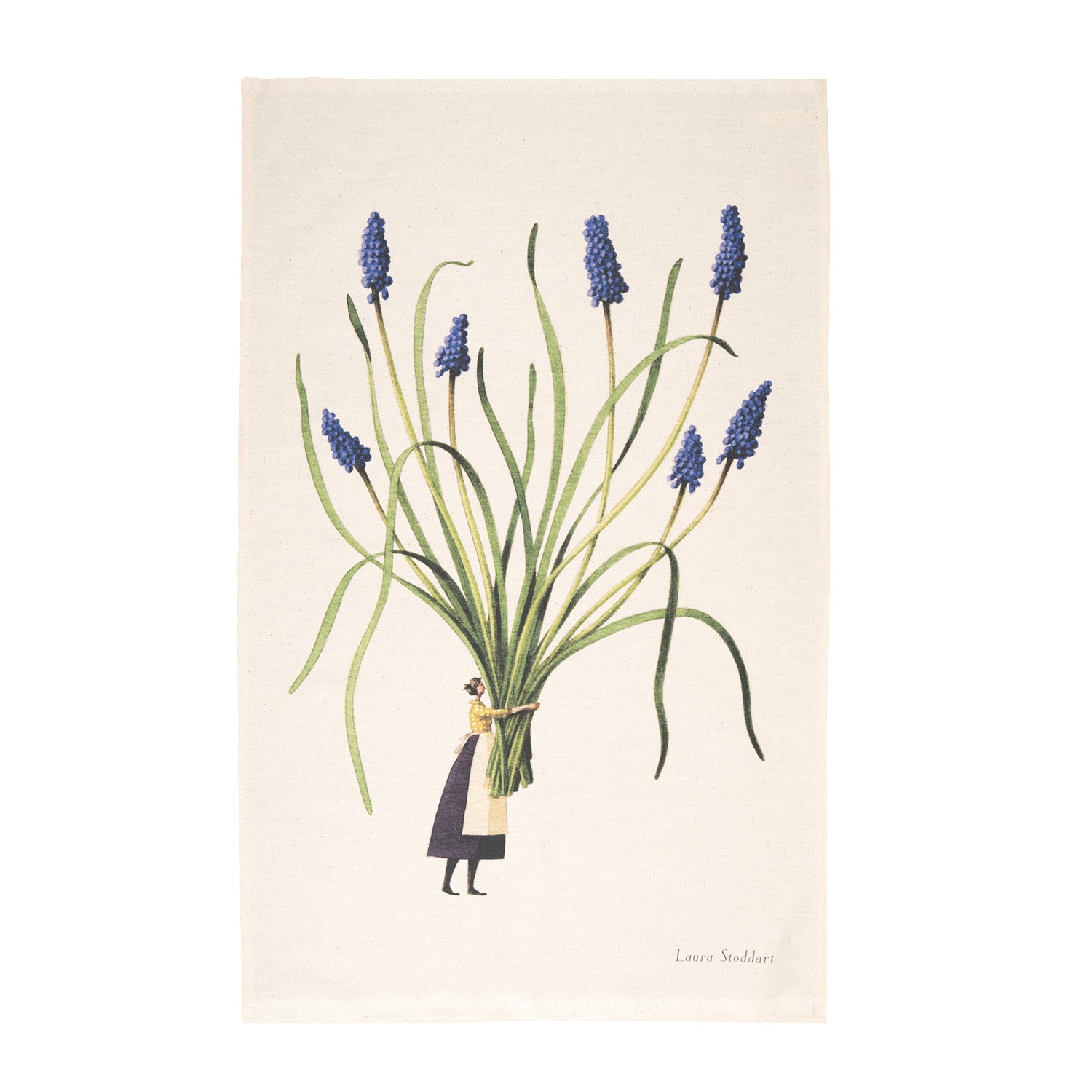 Illustration of a person holding a large bundle of blue flowers on a beige background.