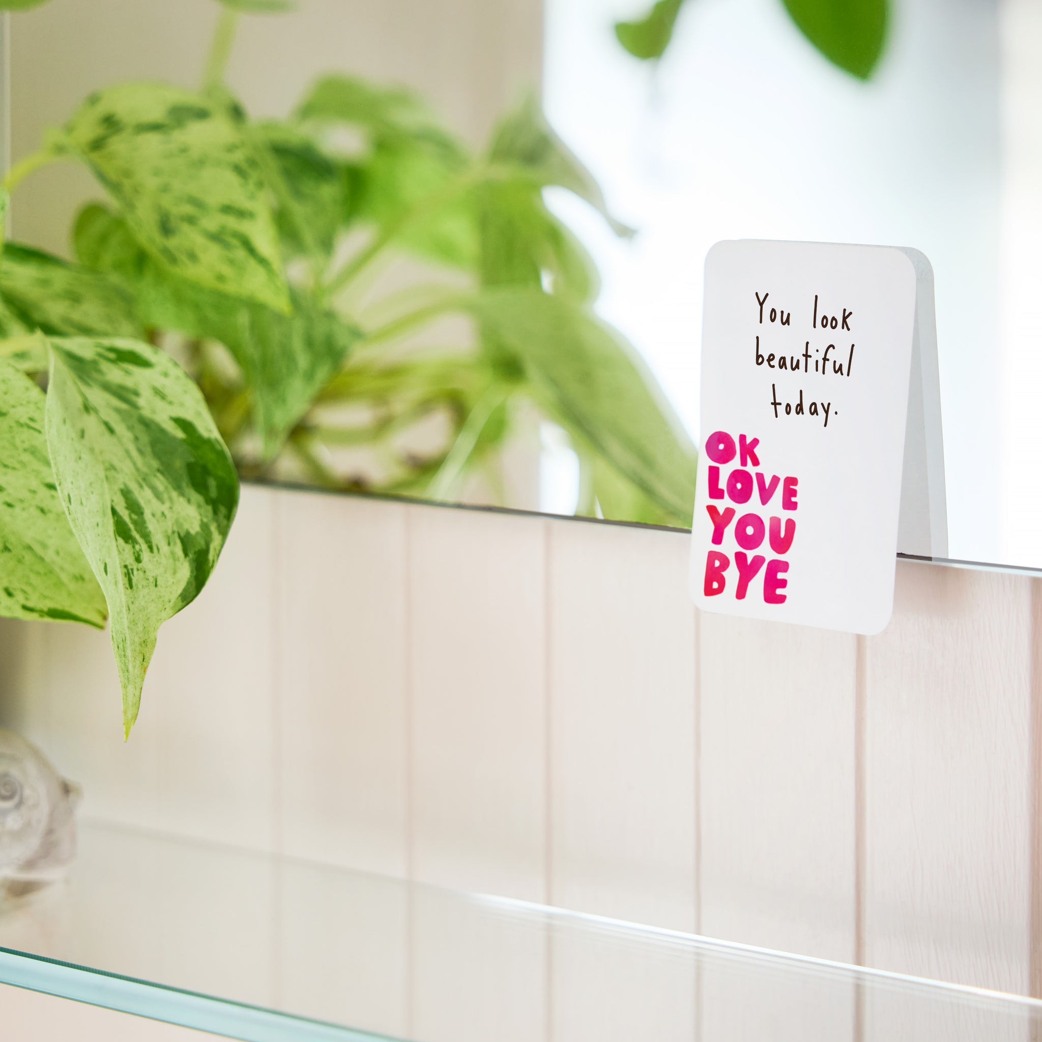 Post it saying "you look beautiful today" on a post it printed with ok love you bye on it on a mirror with a plant reflection.
