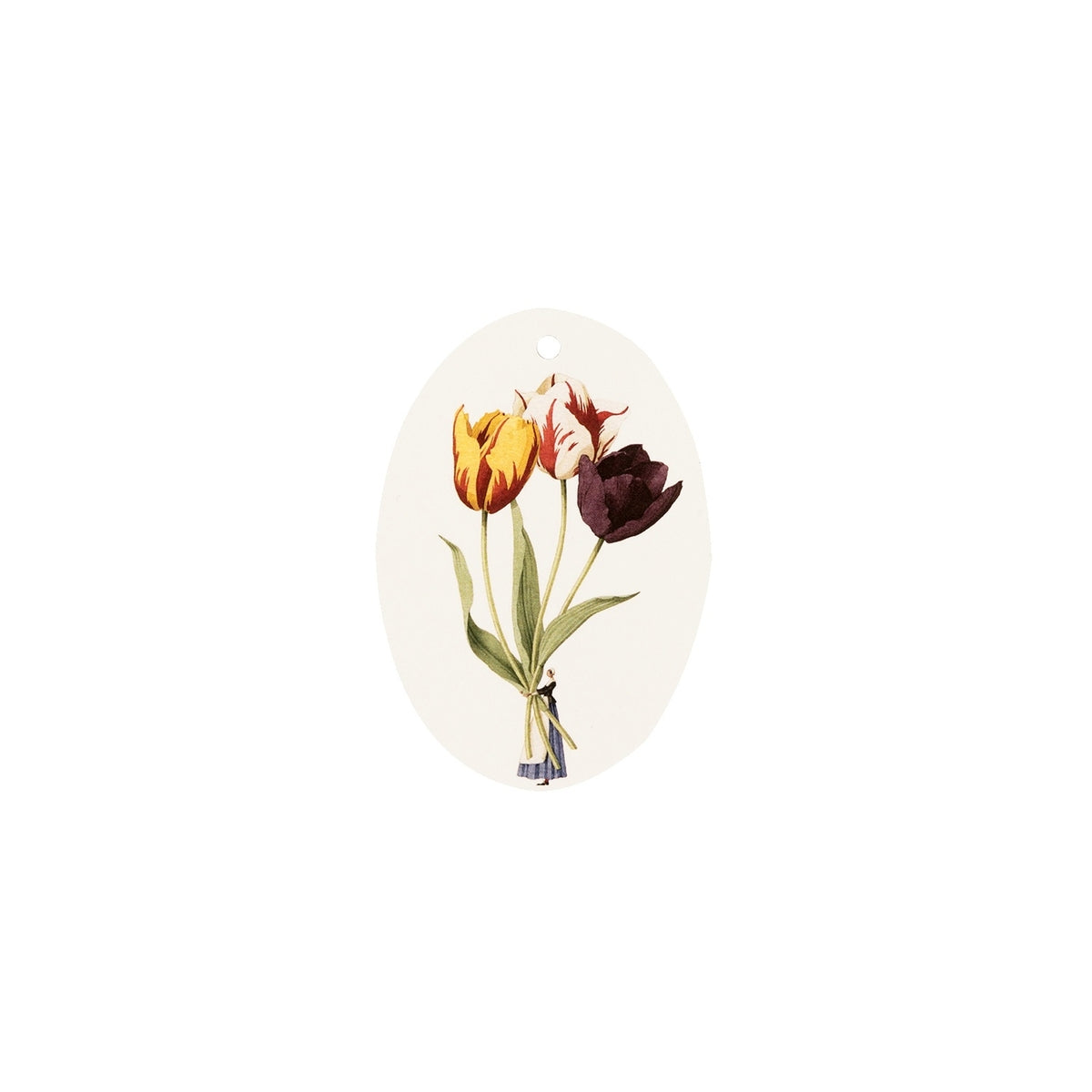 An oval, white gift tag with a hole punched in the top, featuring an illustration of a small woman in traditional clothing holding three gigantic tulips by the stems.