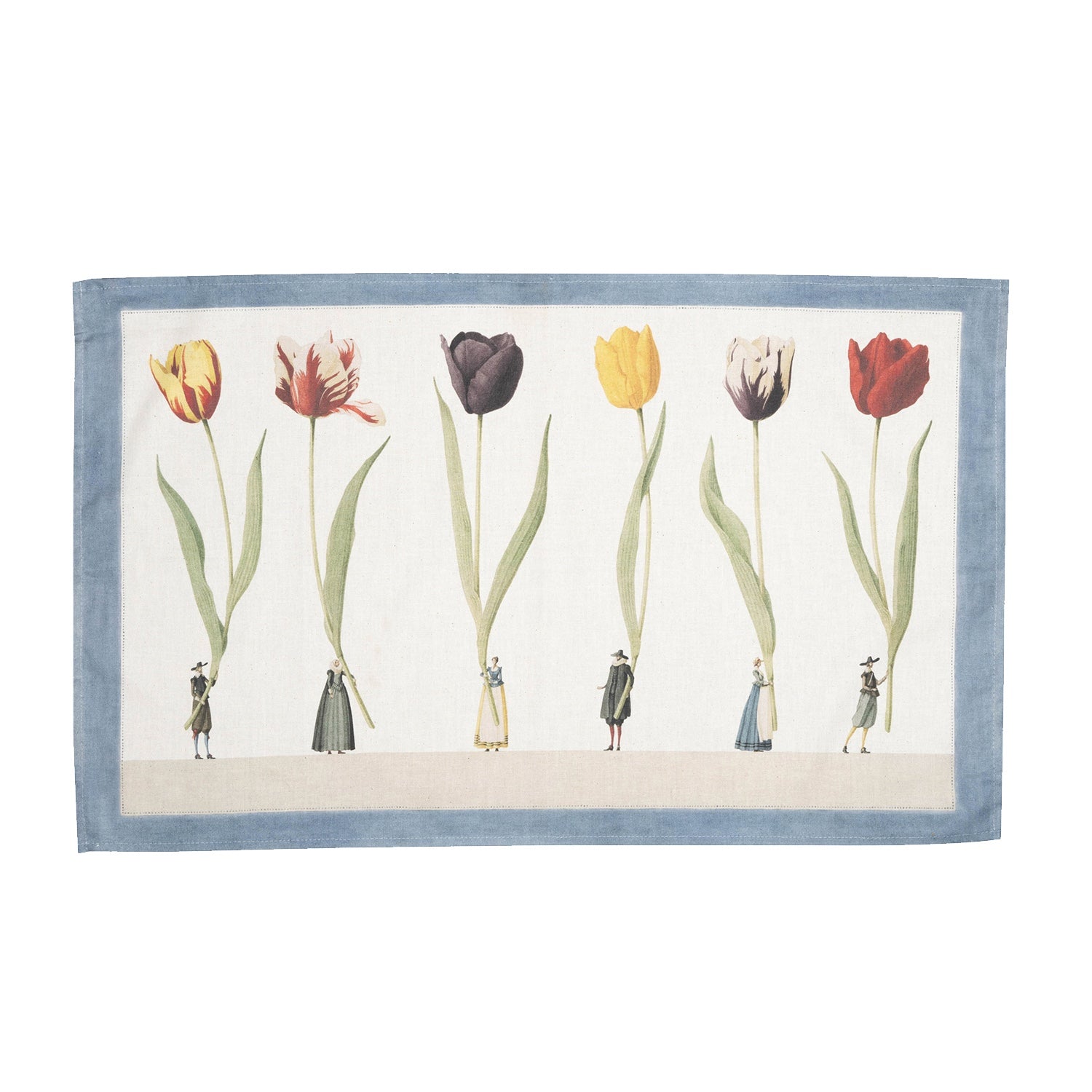 A linen tea towel with blue border lined with dots, featuring an illustration of six small people in traditional clothing holding large multi-colored tulips up by the stems.