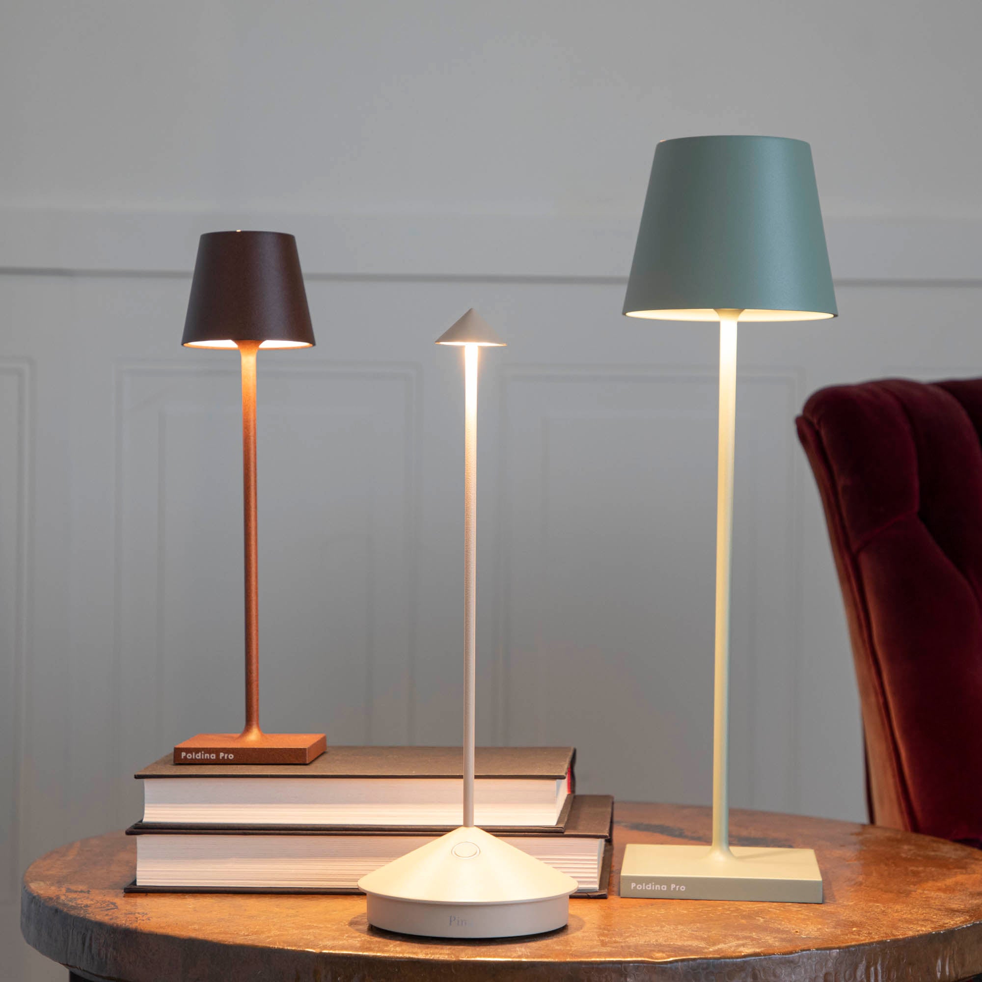 A Zafferano Dark Grey Micro Cordless Lamp on a table next to a book and a plant.