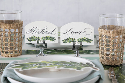 Two Laurel Place Cards labeled &quot;Michael&quot; and &quot;Laura&quot; as part of an elegant place setting.
