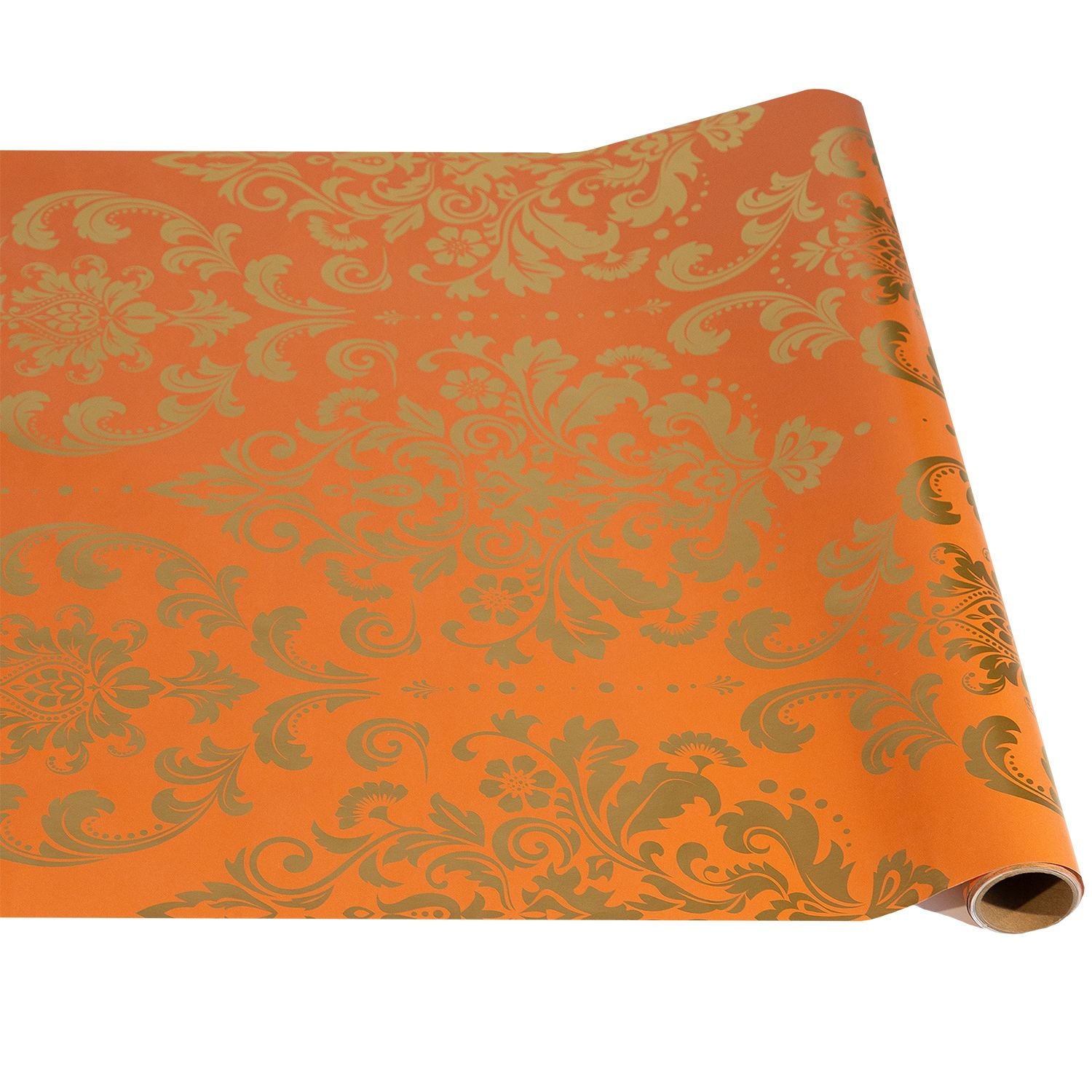 Roll of orange paper with gold floral pattern on a white background