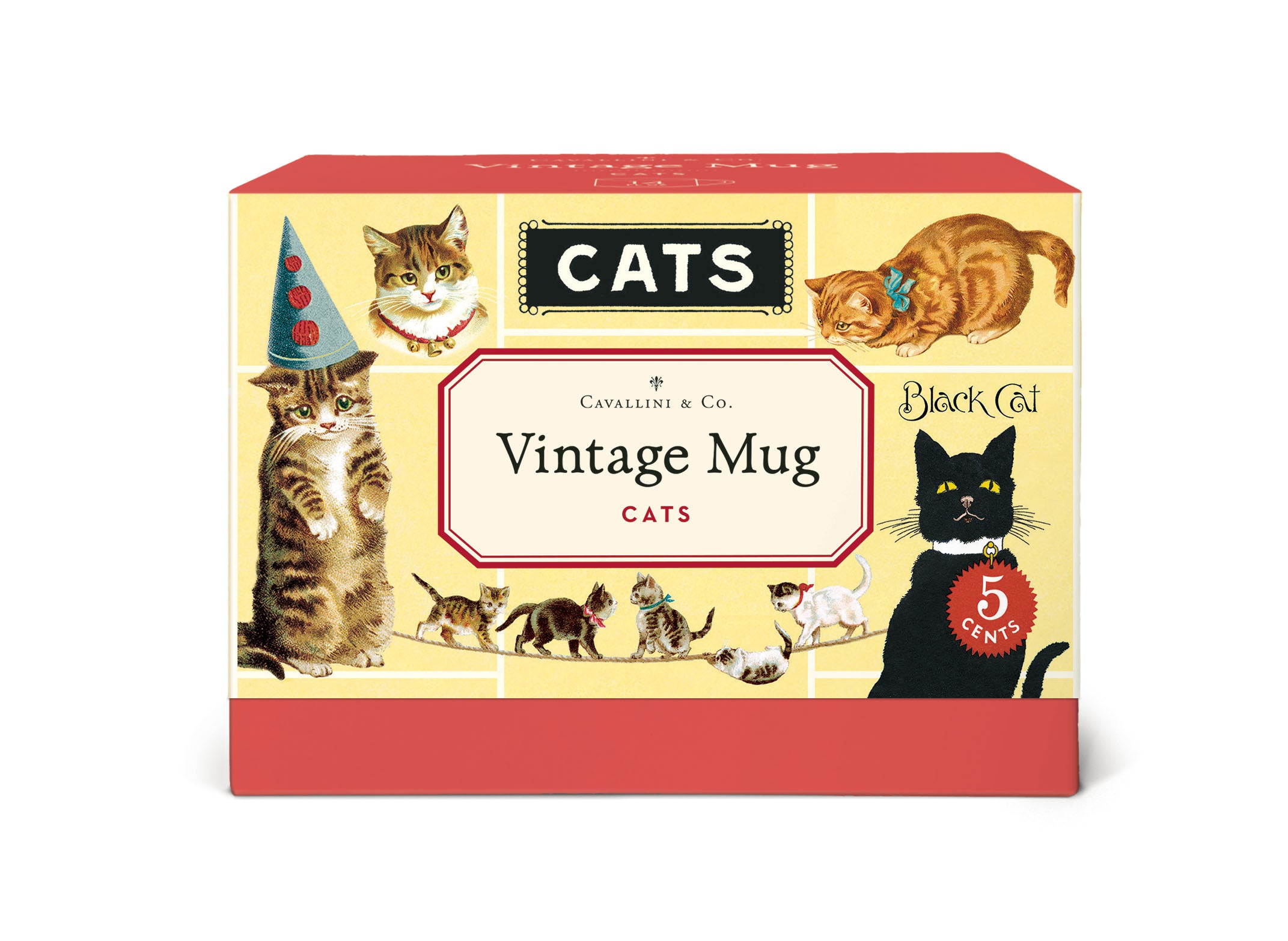 Vintage-style packaging for a mug featuring cats on a white background.