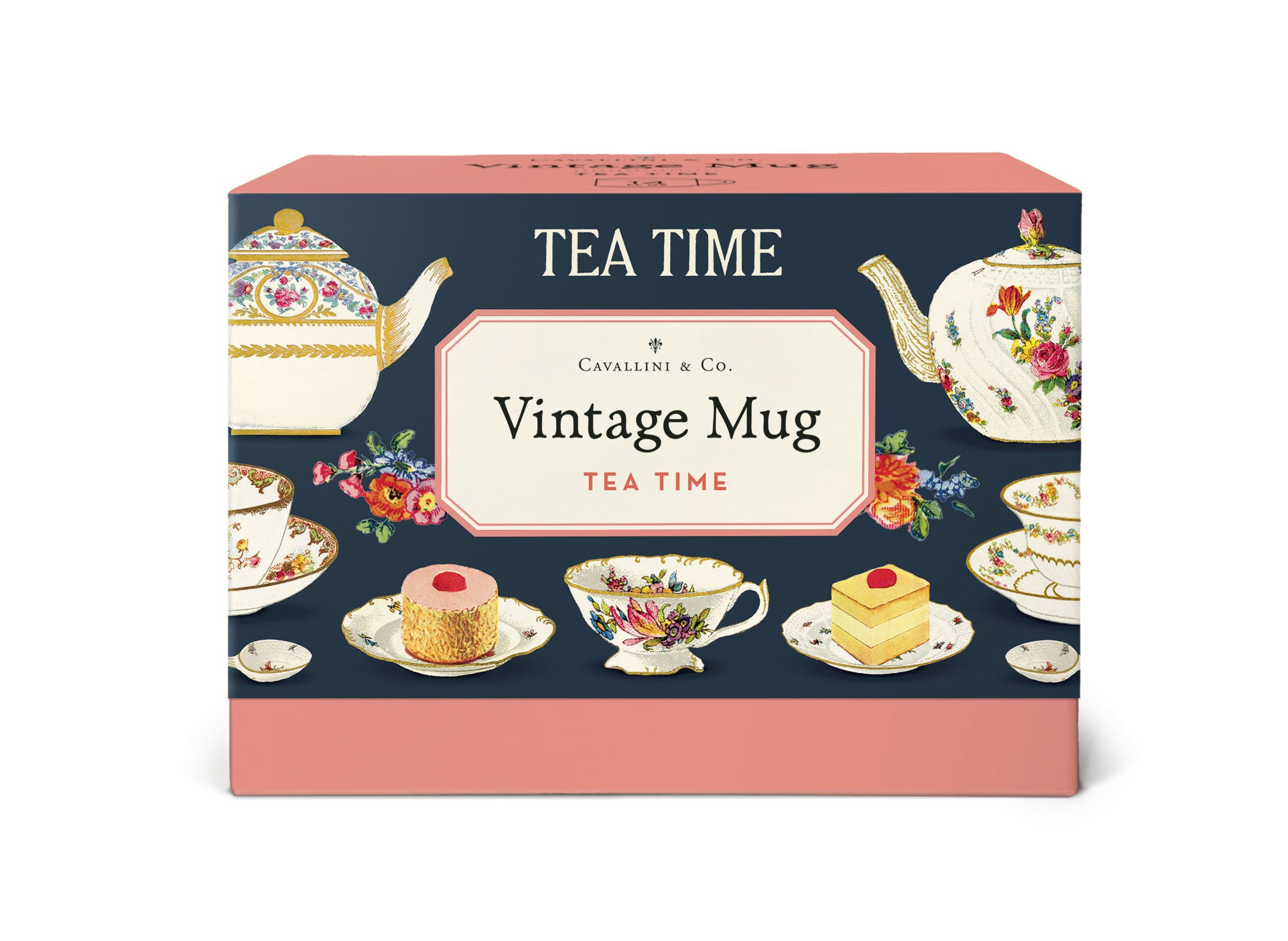 Tea time-themed packaging with vintage mugs and teapots on a blue background.