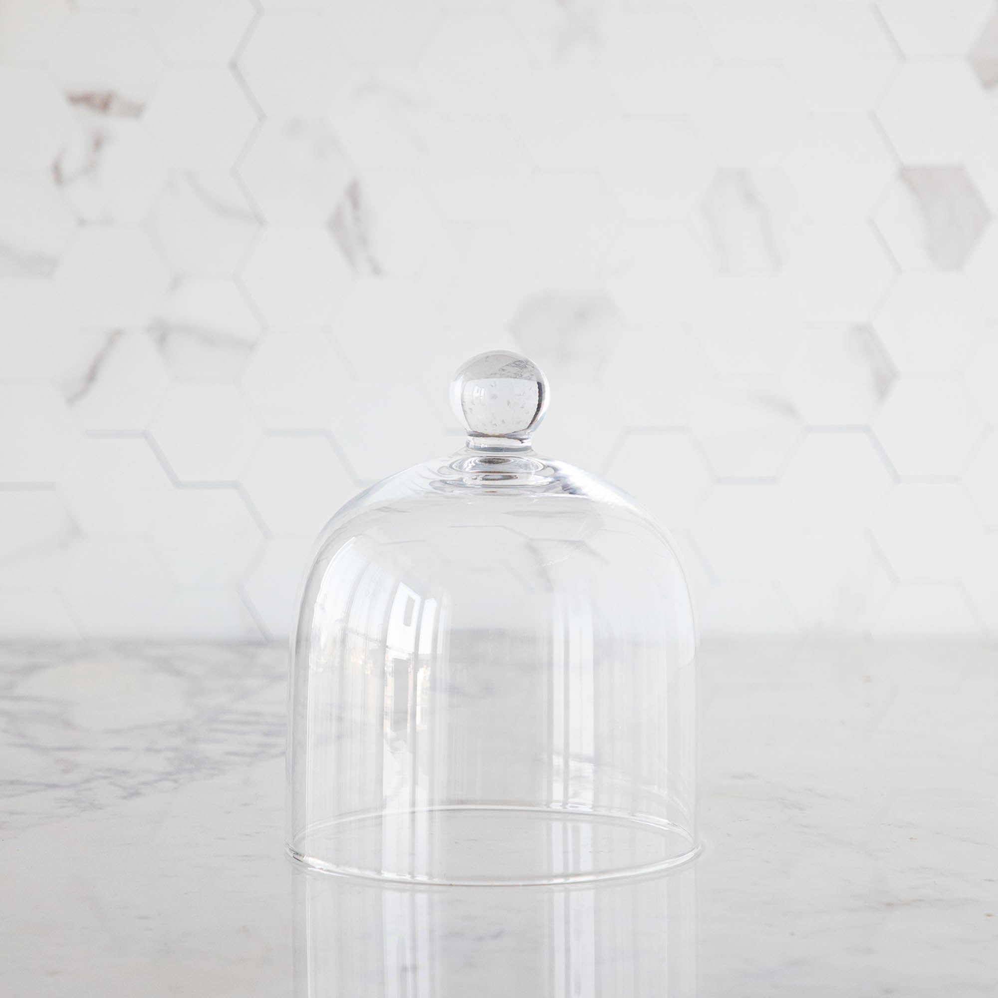 Various cheeses and grapes displayed under a Casafina Living glass dome serveware on a kitchen counter.