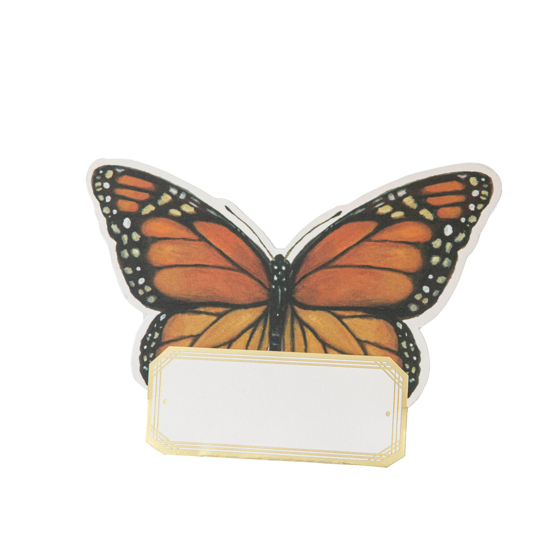 A die-cut freestanding place card featuring a gorgeous illustration of a monarch butterfly at the top, and a gold-framed open white rectangle at the bottom for personalization. 
