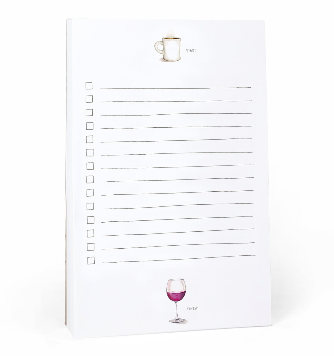 Stack of E. Frances Start and Finish notepads with a printed wine glass design on a white background.
