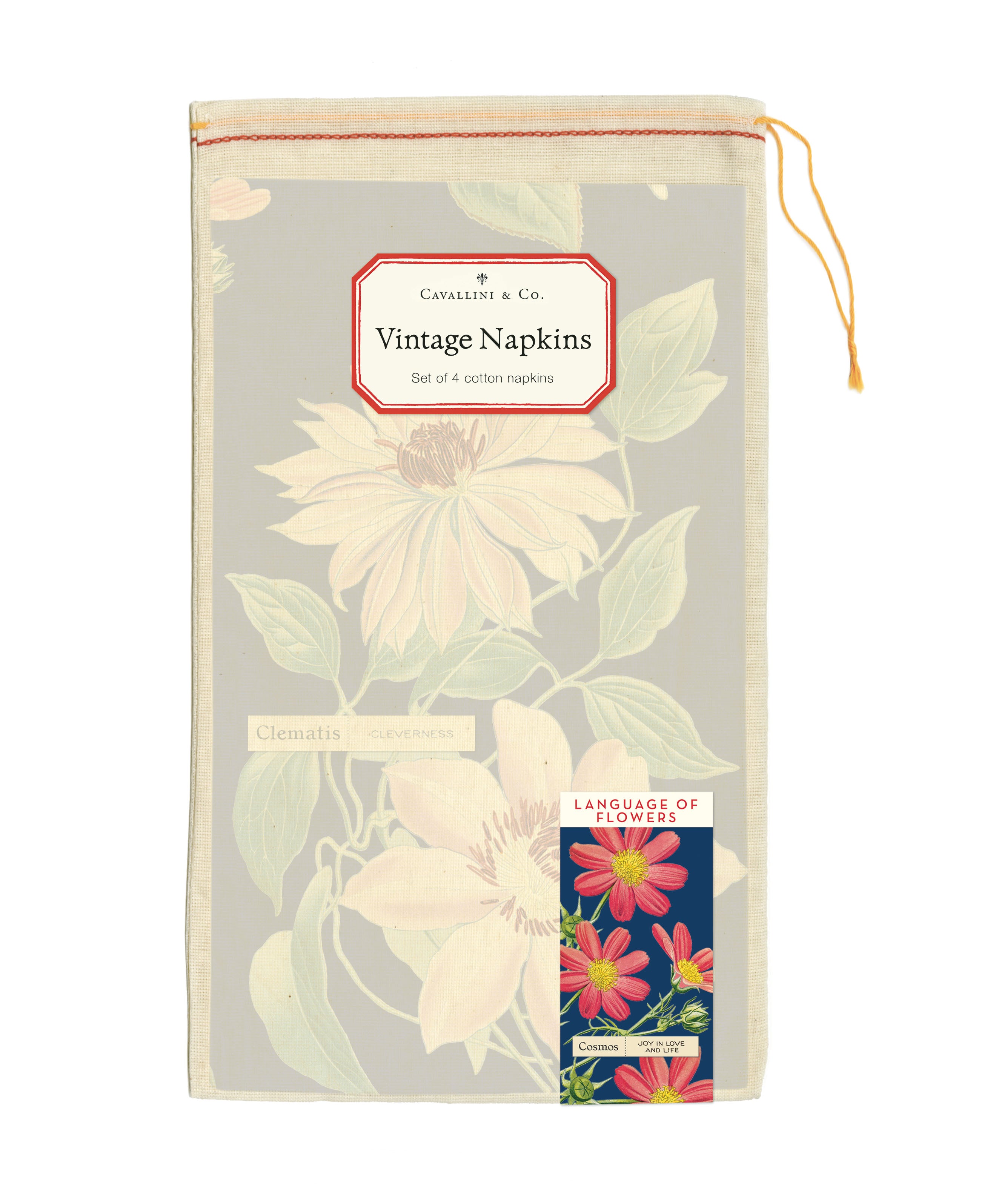 Packaging of vintage napkins with floral design and brand label on a white background.
