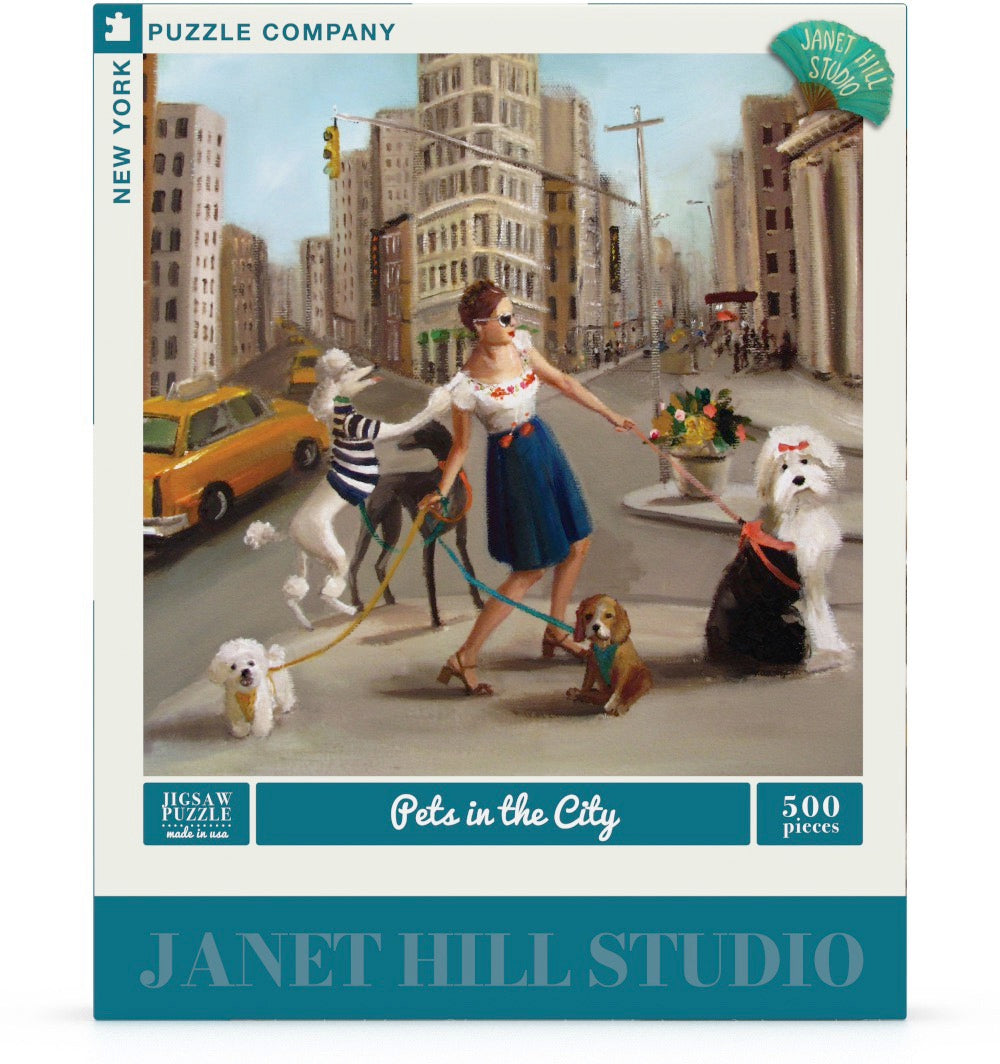 A puzzle featuring artwork by Janet Hill of a woman walking 5 dogs on a city street.