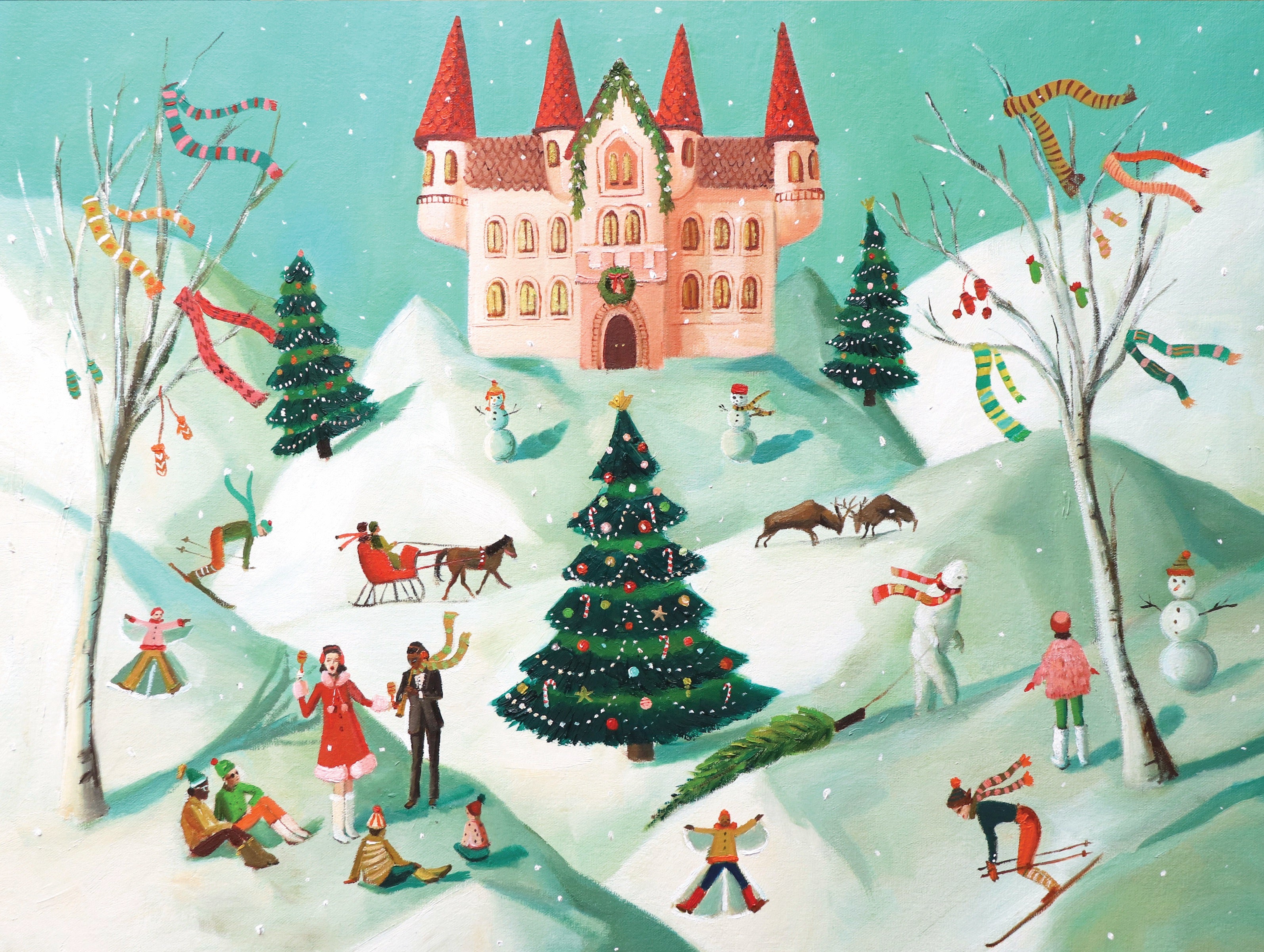 Puzzle depicting a snowy winter scene with a castle in the background and people frolicking in the snow in the foreground. Artwork by Janet Hill.
