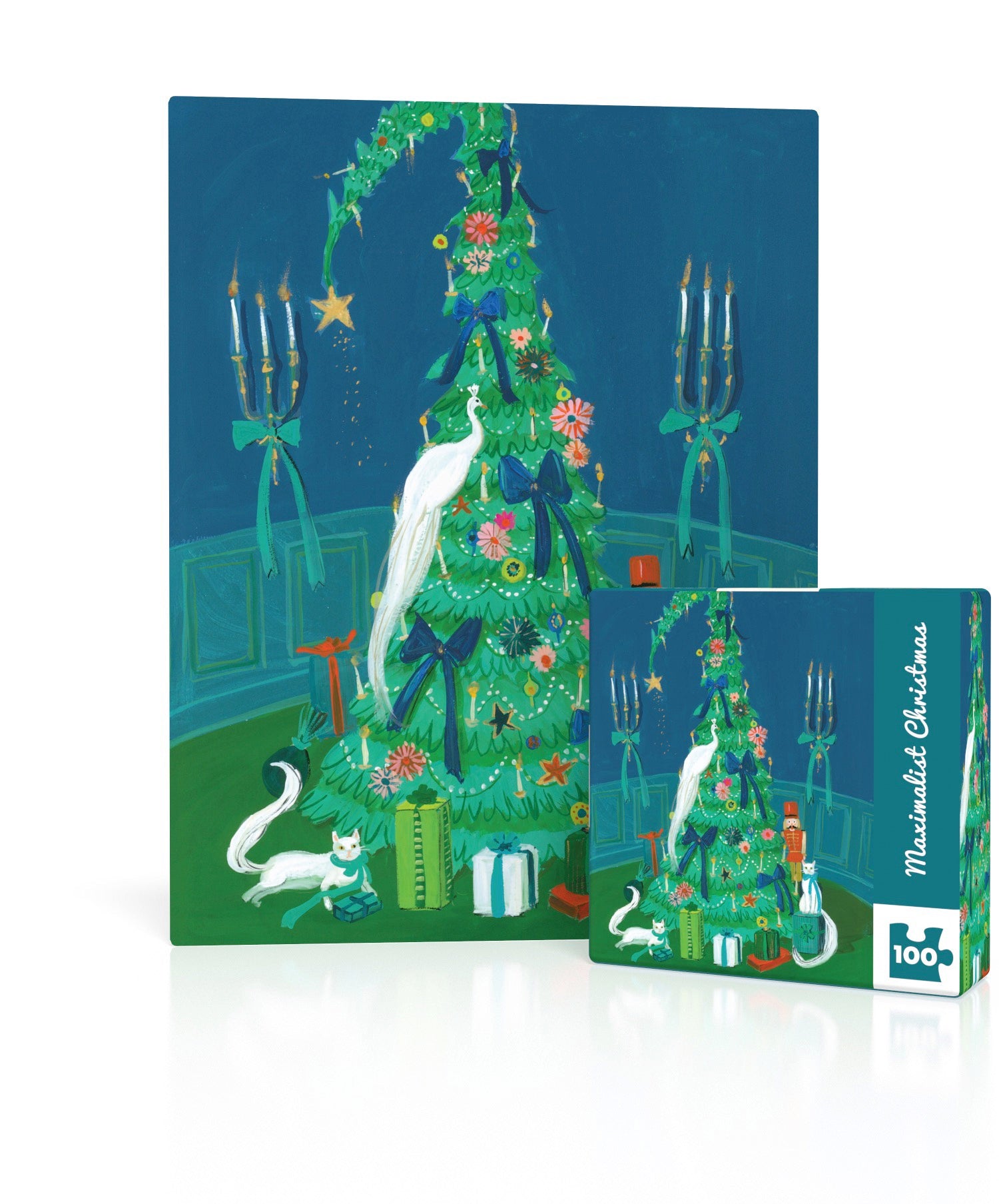 Decorative puzzle box with a Christmas tree design on a white background.