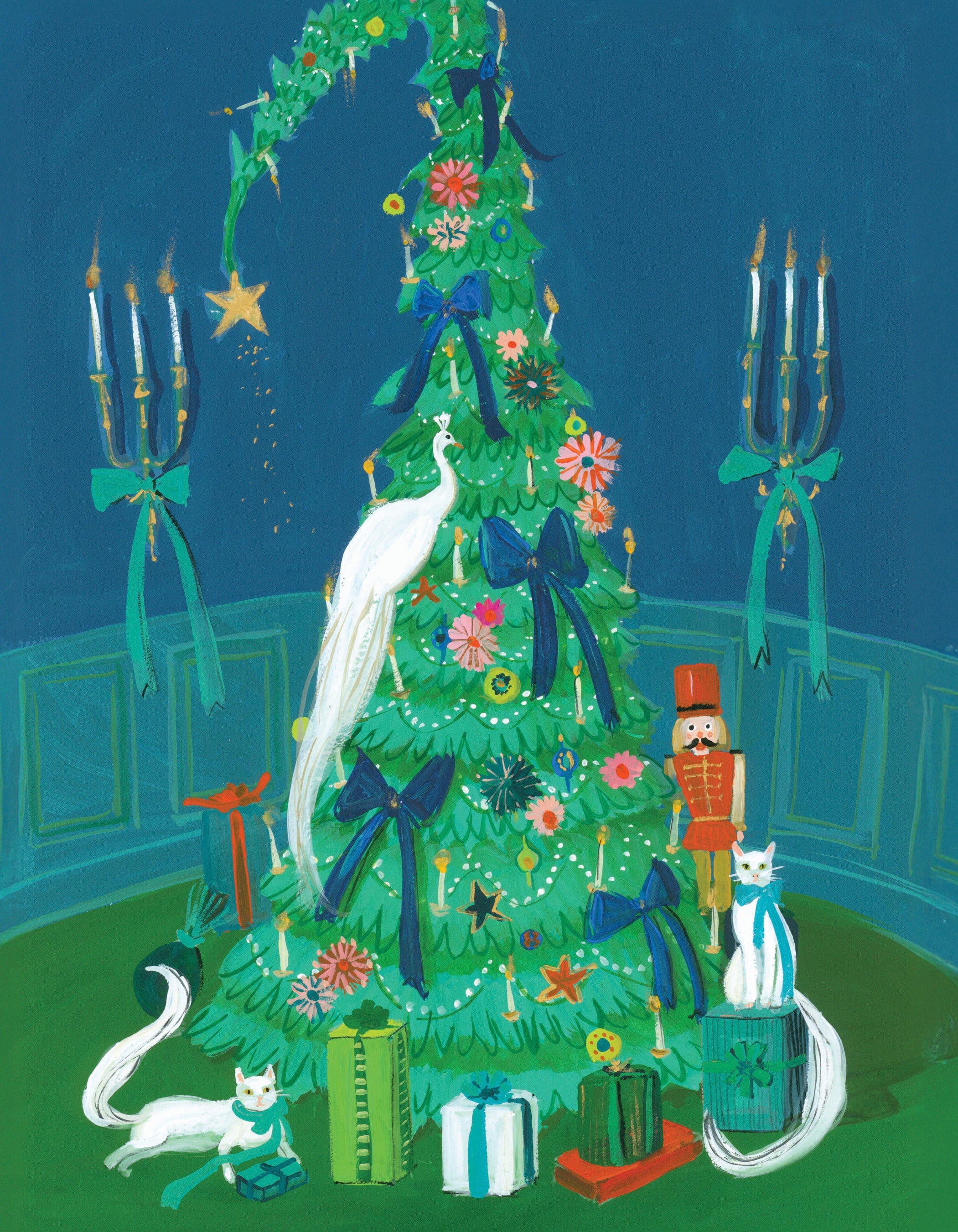 Decorative Christmas tree with ornaments, a white peacock, and cats on a blue background.