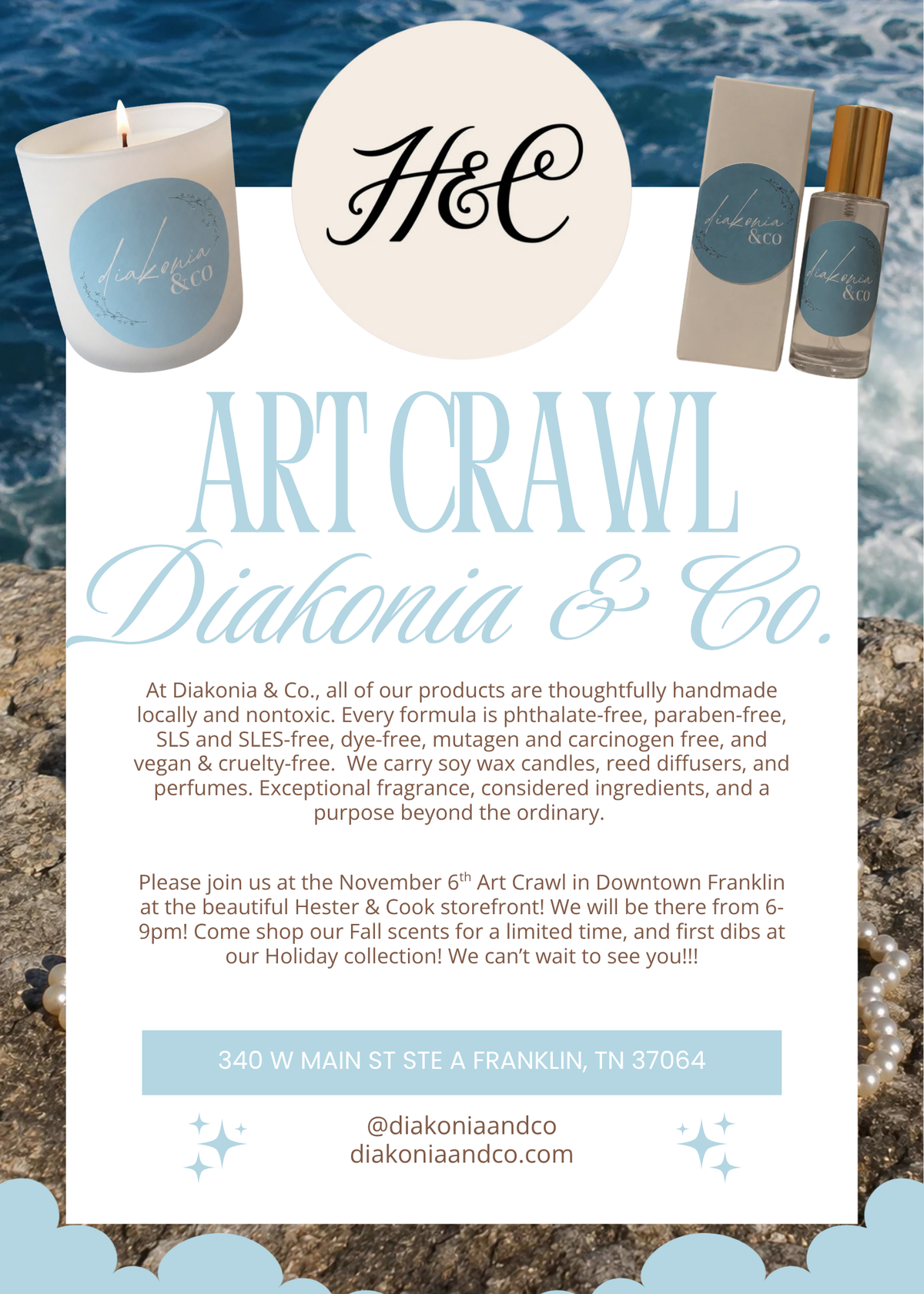 Flyer with information about an Art Crawl artist in Franklin, Tennessee named Diakonia & Co.