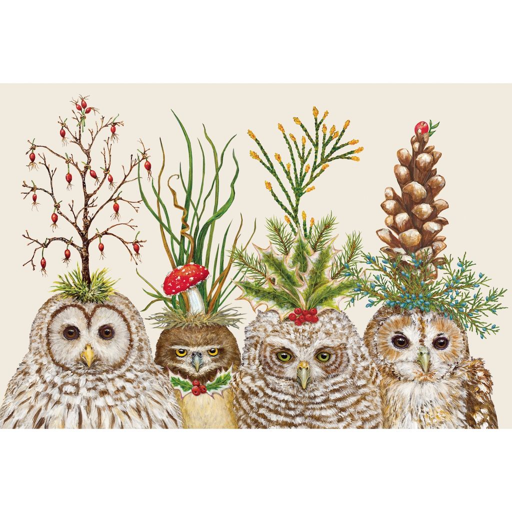 Four owls with festive decorations on their heads against a beige background