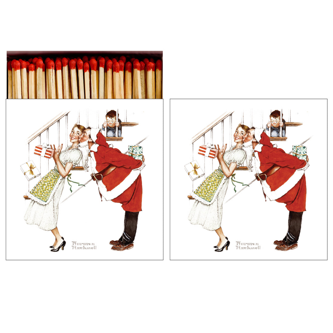 Two identical sides of a square match box, the left of which is open slightly to reveal the matches inside. The artwork on the box depicts a dad dressed as Santa Clause giving his wife a smooch on the cheek, while their young son watches from the staircase, illustrated by Norman Rockwell on a white background.