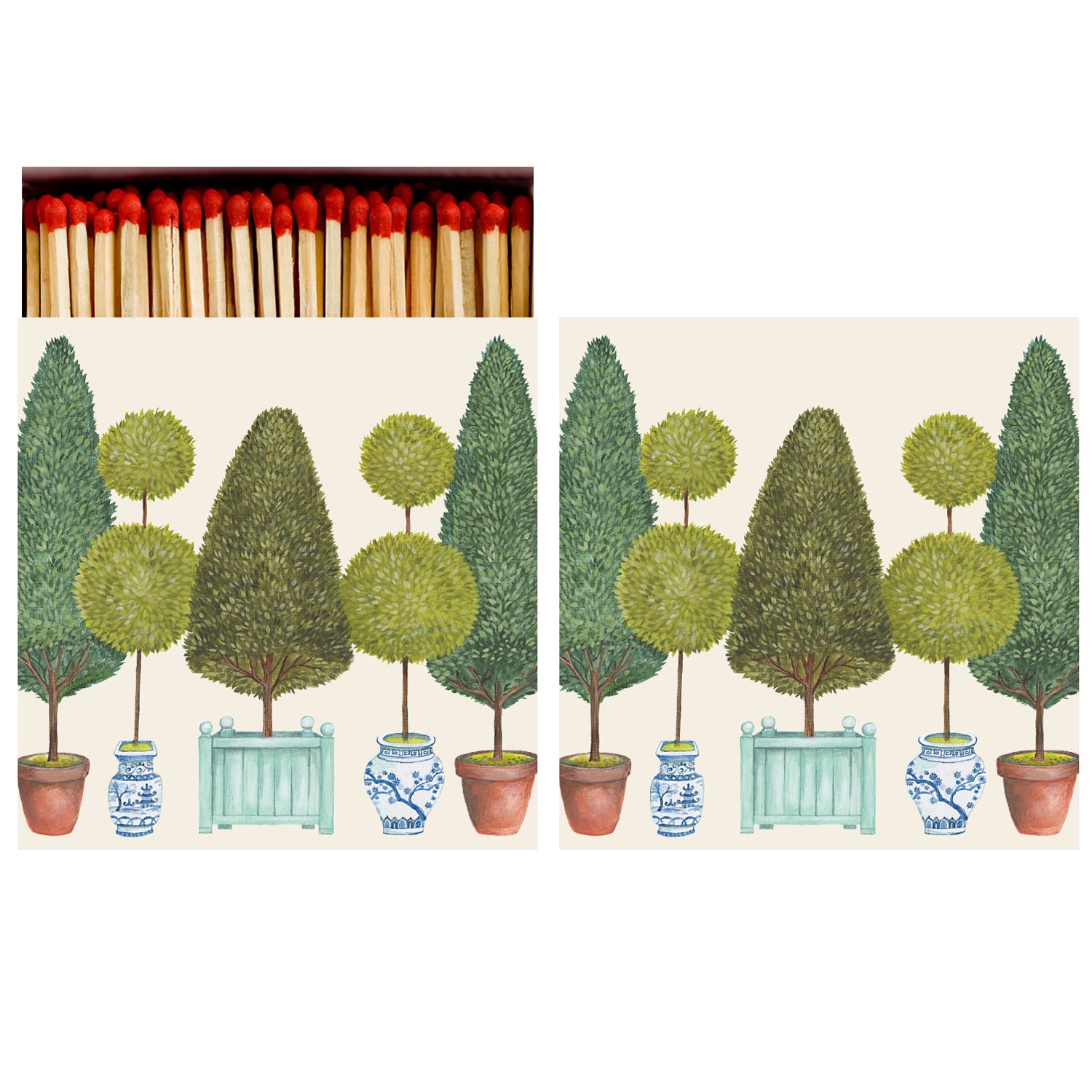 Two identical sides of a square match box, the left of which is open slightly to reveal the matches inside. The artwork depicts a row of manicured topiary shrubs planted in pots on a cream background.