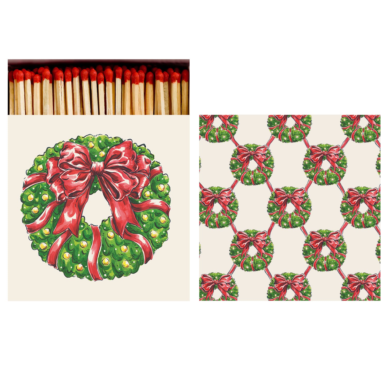 Holiday Wreath Matches front and back view. The front features a green holiday wreath with a red bow and the back an alternating lattice pattern of holiday wreaths on a cream background.