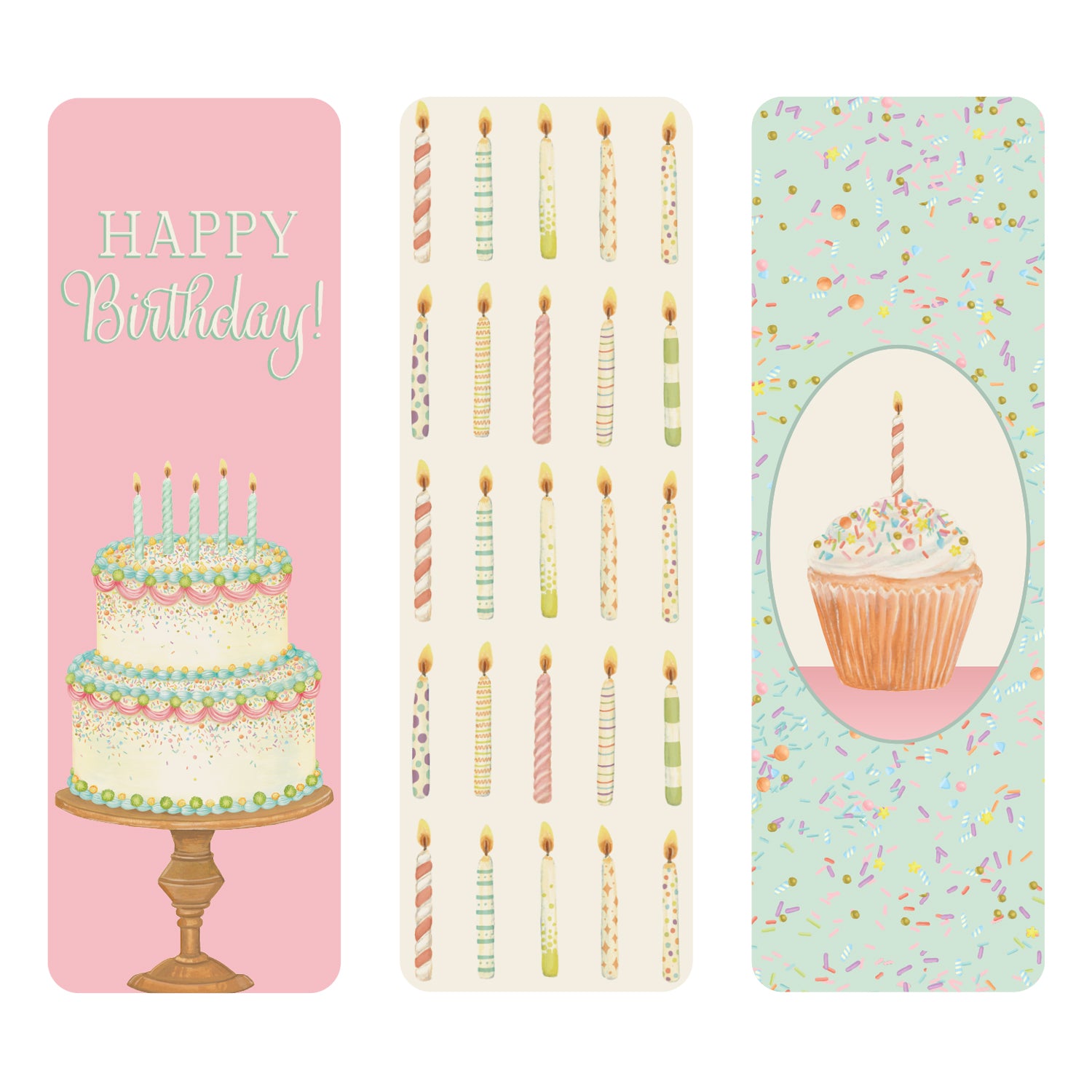 Happy Birthday Bookmarks Set of 3. The first showcases a birthday cake with a "Happy Birthday Message" the second features rows of colorful candles, and the third presents a cupcake with a candle on a confetti background.