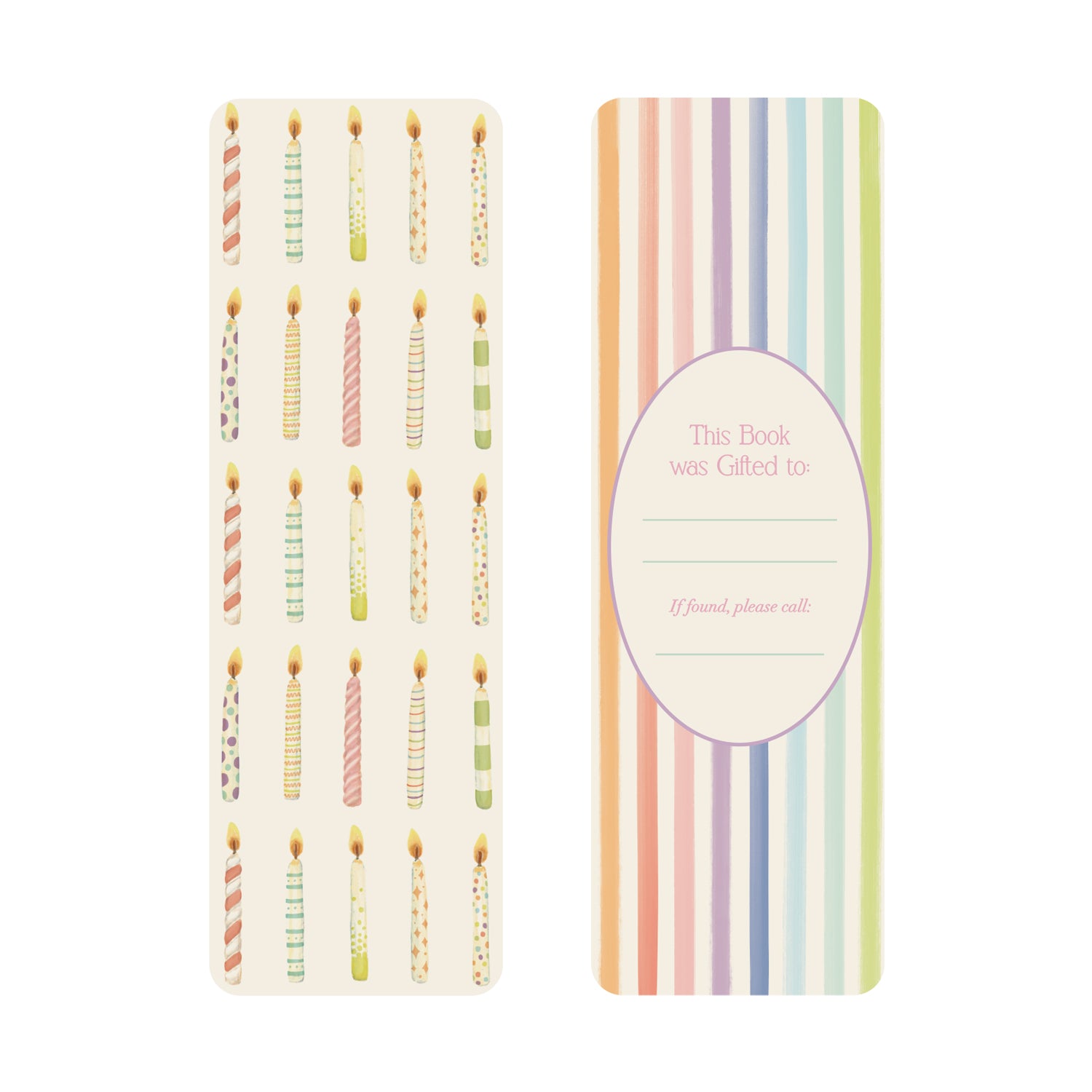 The front of the Birthday Bookmark showcasing rows of colorful birthday candles, while the back shows a gift label on a sorbet stripe background.