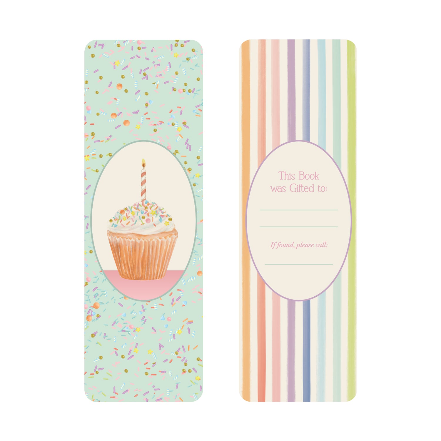 The front of the Birthday Bookmark showcasing a a cupcake in a decorative circle on a seafoam, confetti background, while the back shows a gift label on a sorbet stripe background.