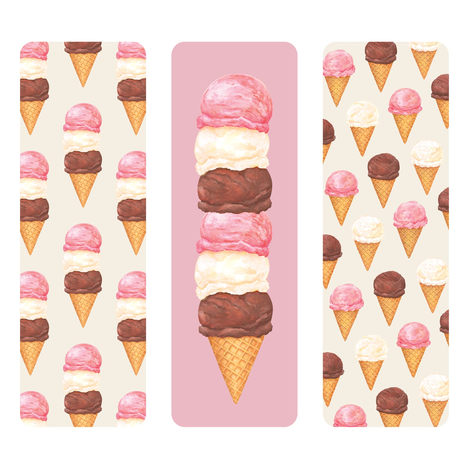 Ice Cream Party Bookmarks Set of 3. The first showcasing a pattern of three scoop ice cream cones, the second an ice cream cone with 6 scoops and the third a singular scoop ice cream cone.