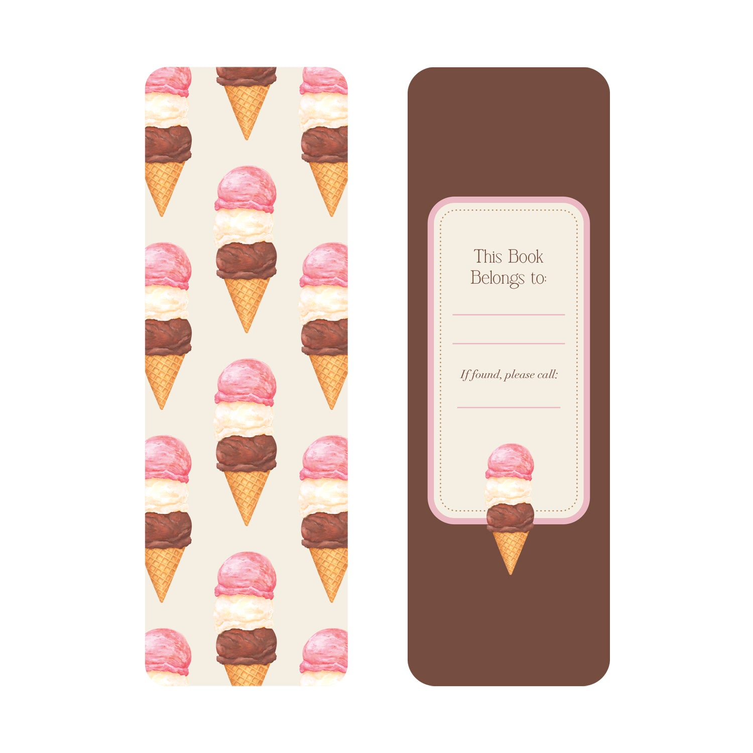 The front of the Ice Cream Party Bookmark showcasing a pattern of 3 scoop ice cream cones and the back with a cake on a pink background, while the back shows a name label on a brown background.