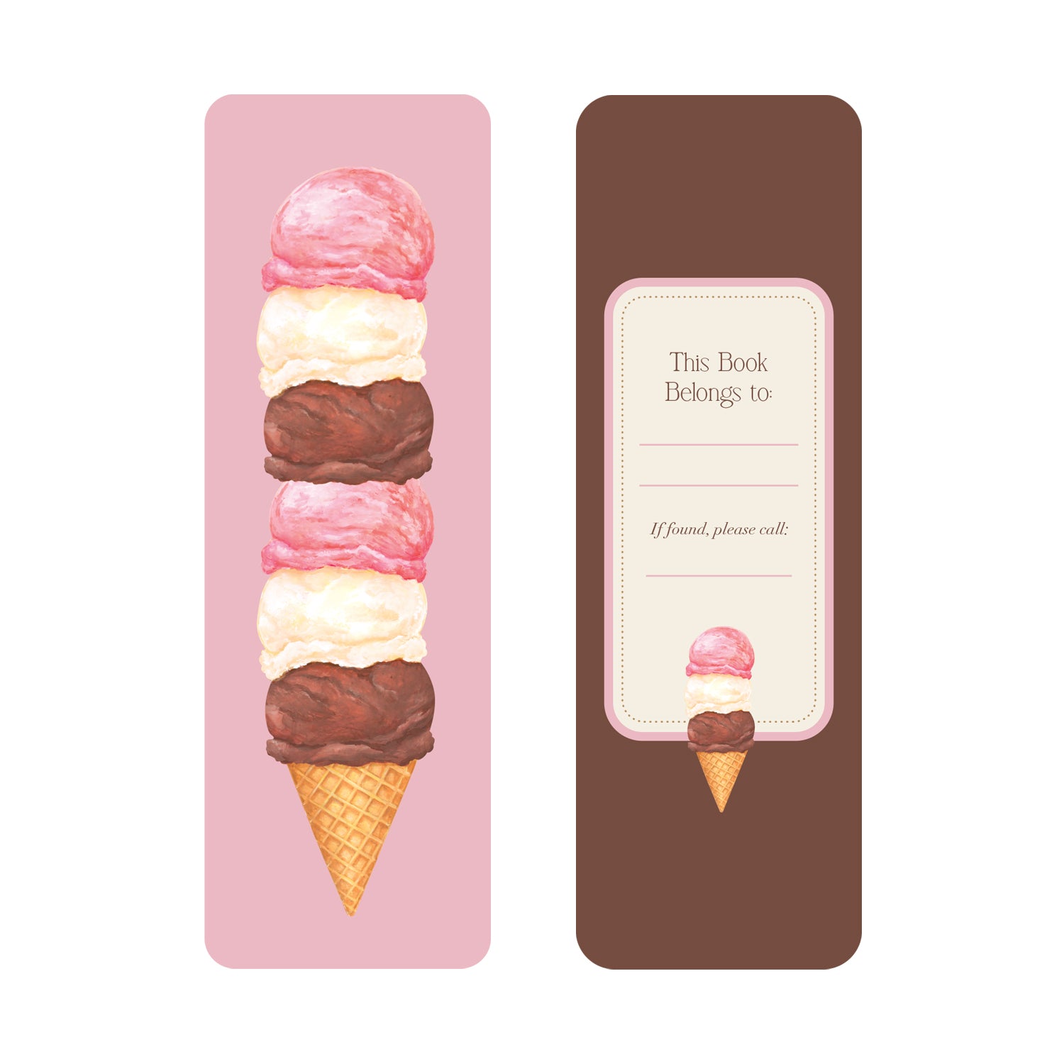The front of the Ice Cream Party Bookmark showcasing an assorted 6 scoop ice cream cone on a pink background, while the back shows a name label on a brown background.