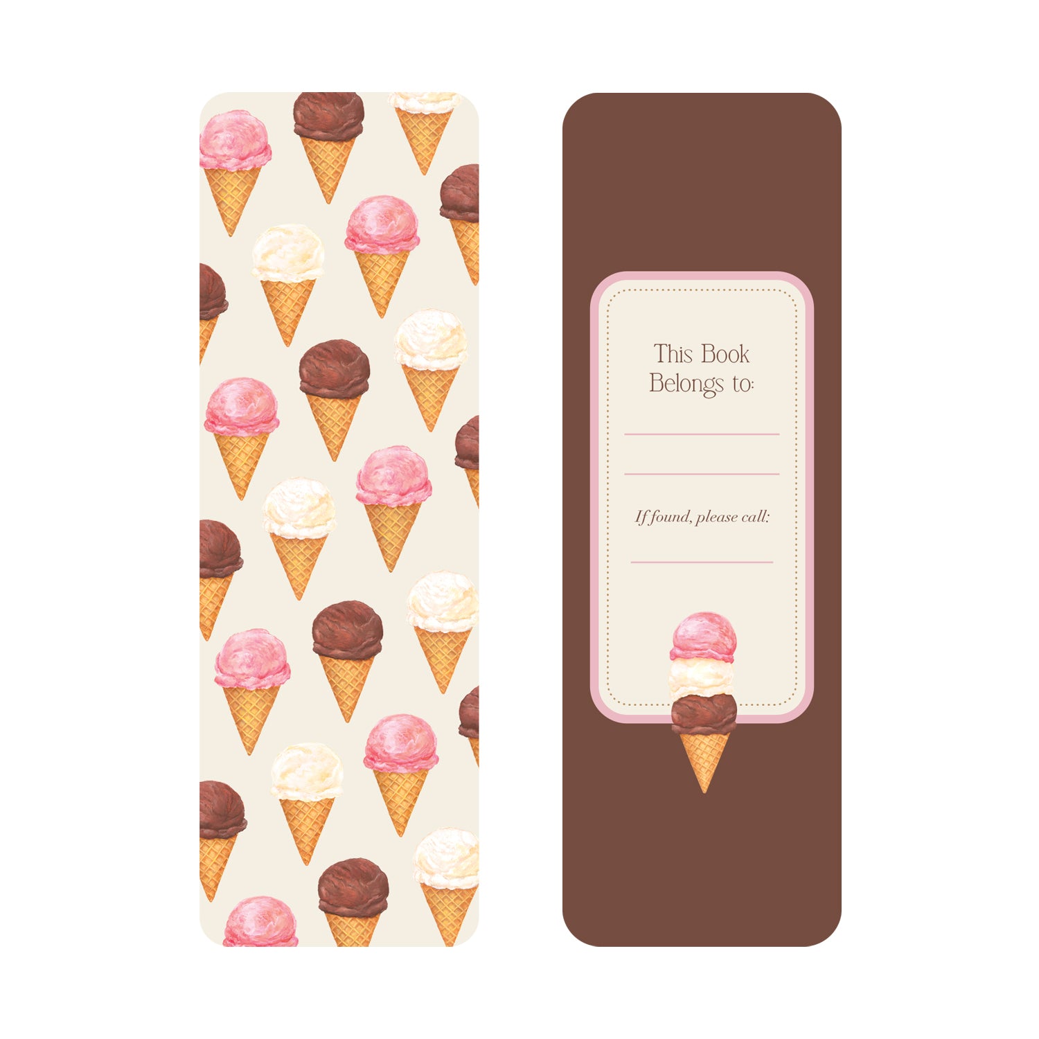 The front of the Ice Cream Party Bookmark showcasing a pattern of ice cream cones and the back showing a name label on a brown background.