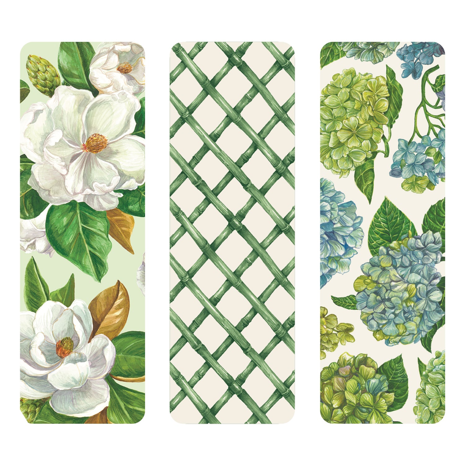 Spring Green Bookmarks Set of 3 showcasing a magnolia bloom design, green lattice and hydrangeas.