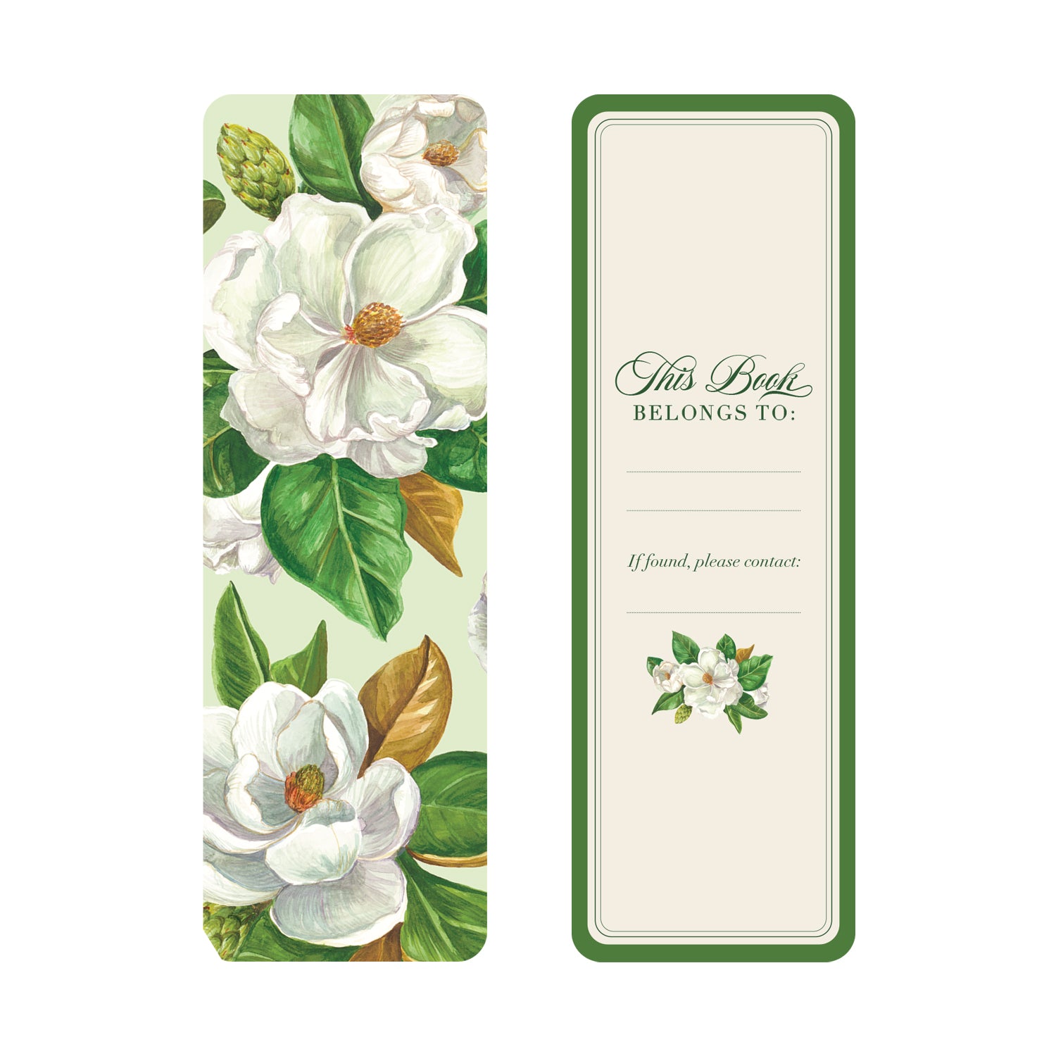The front of a Spring Green Bookmark showcasing a magnolia design on a mint background and a name label on the back with a cream background and green border.