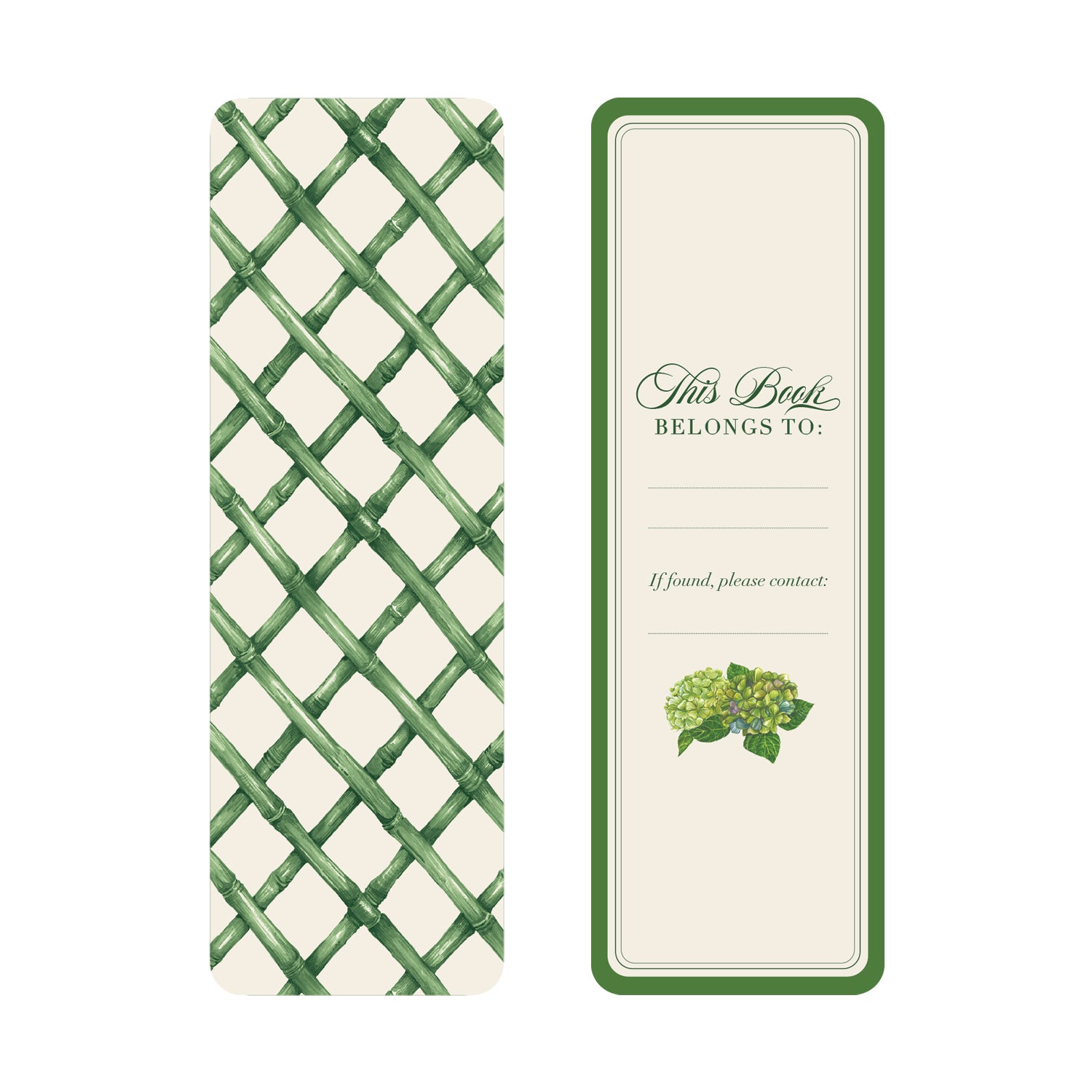 The front of a Spring Green Bookmark showcasing a green lattice design and a name label on the back with a cream background and green border.