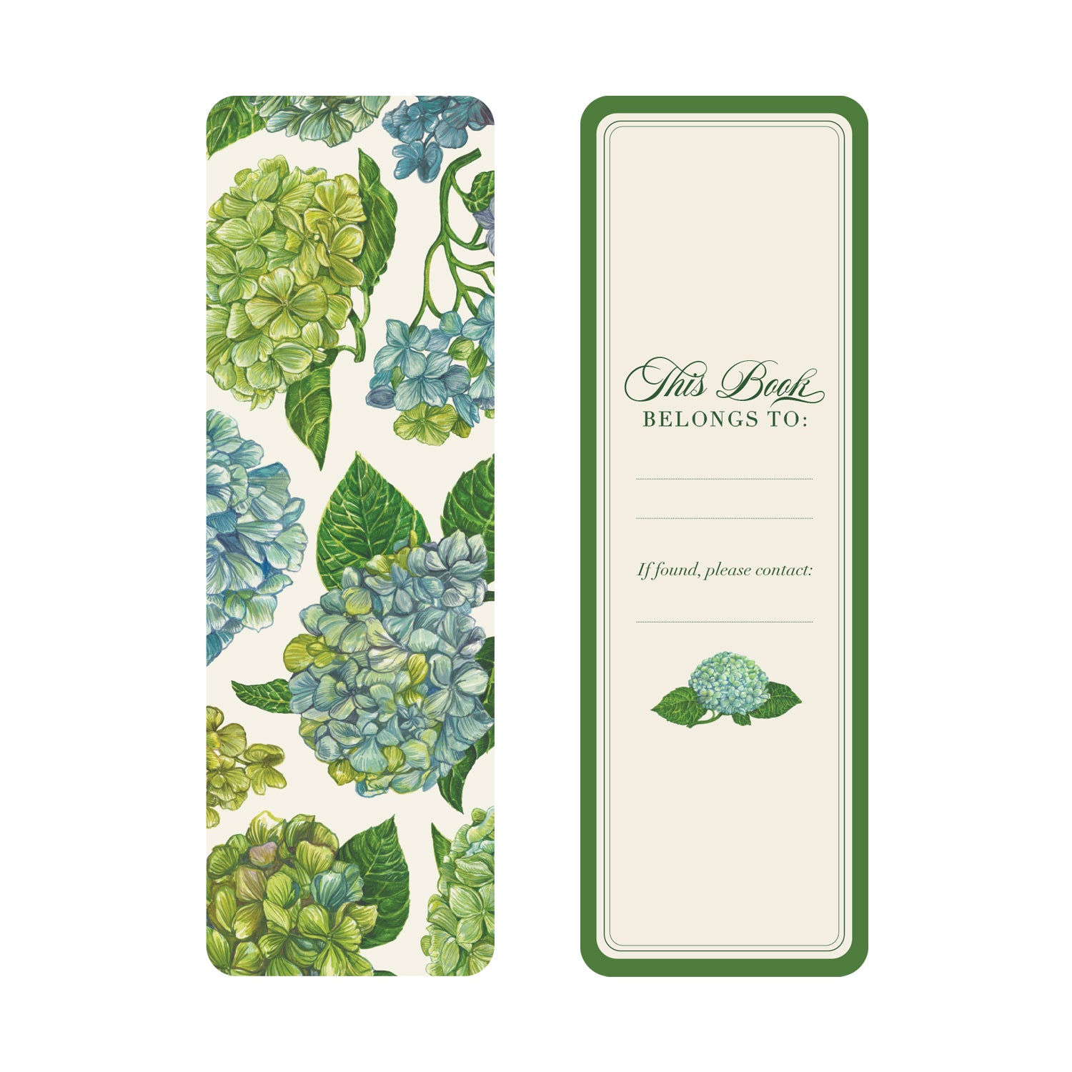 The front of a Spring Green Bookmark showcasing a hydrangea design and a name label on the back with a cream background and green border.