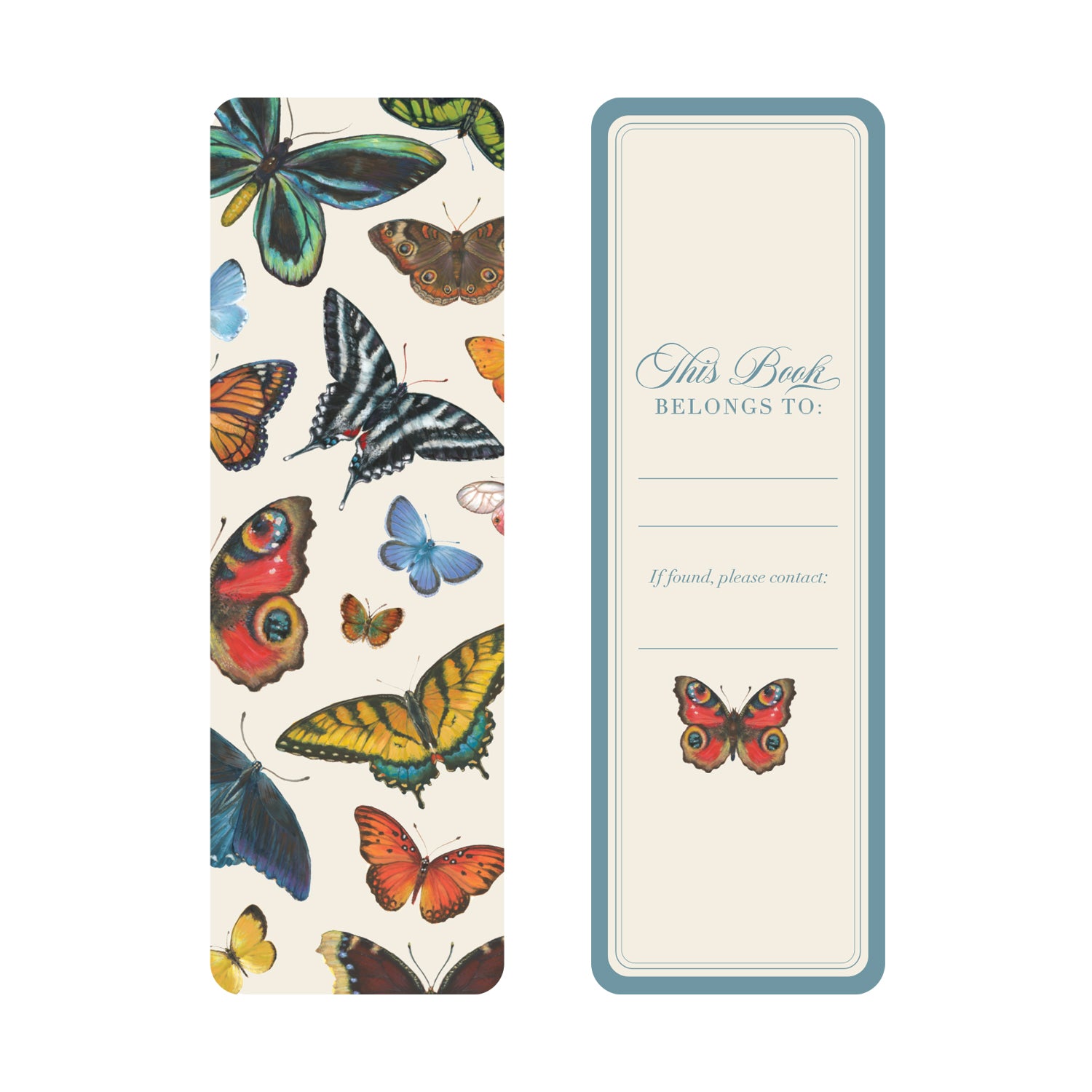 The front of the Butterfly Bookmark showcasing varying sizes of assorted butterflies and the back with a name label on a cream background and cornflower blue border.
