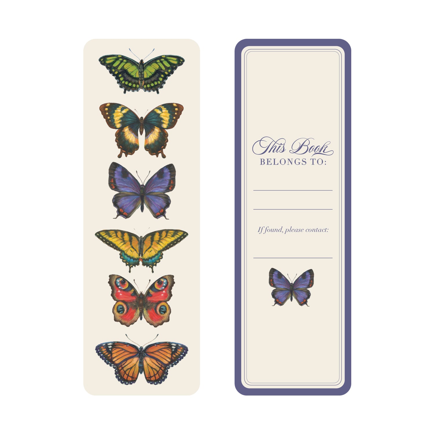 The front of the Butterfly Bookmark showcasing a line of assorted butterflies and the back with a name label on a cream background and purple border.