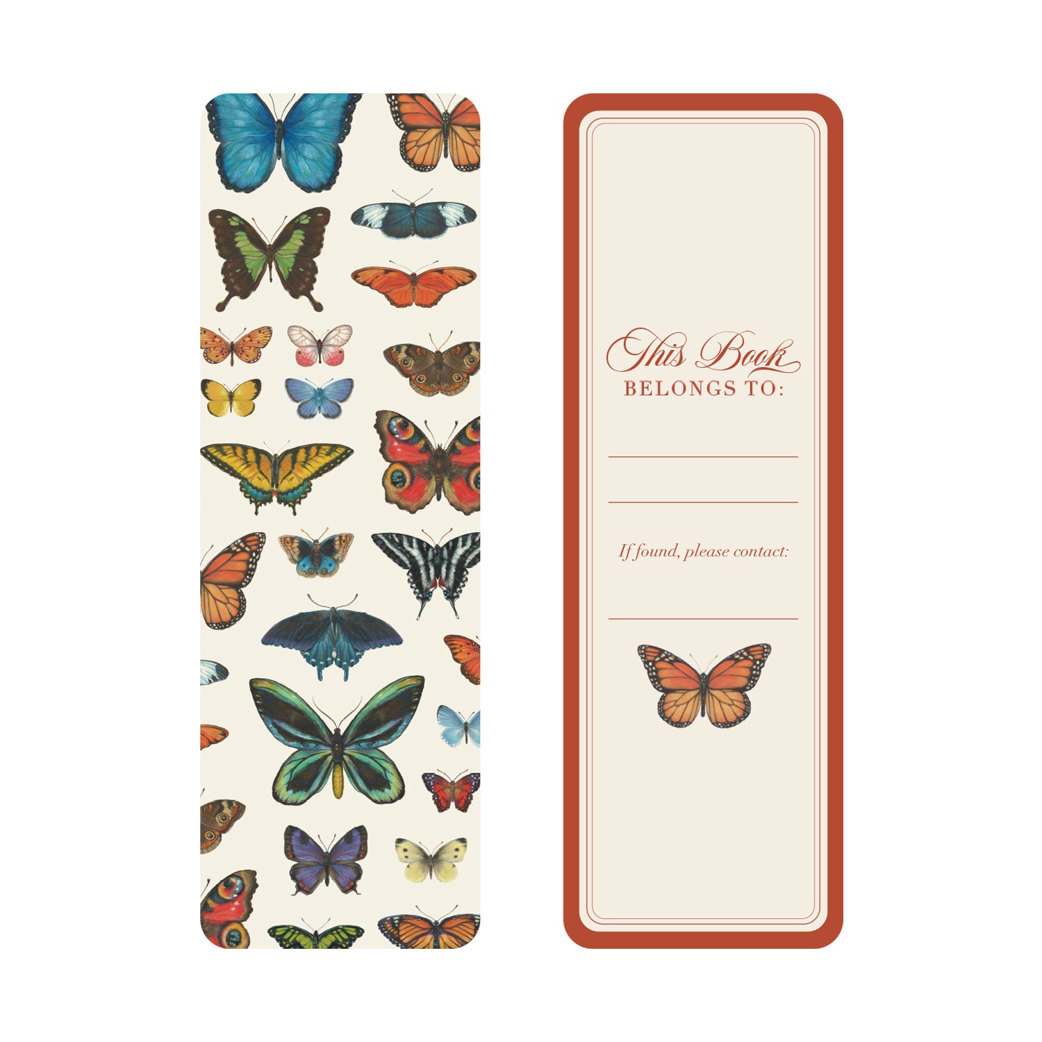 The front of the Butterfly Bookmark showcasing varying sizes of assorted butterflies and the back with a name label on a cream background and reddish border.