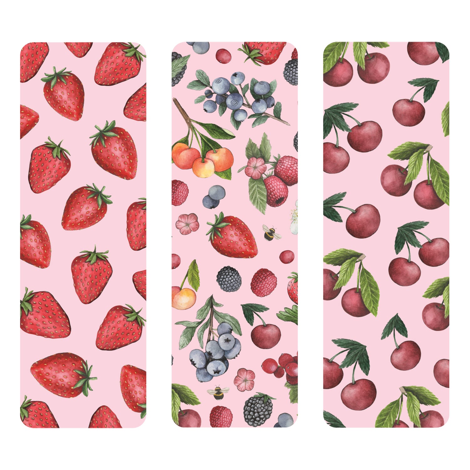 Berries & Cherries Bookmarks Set of 3 showcasing a pattern of strawberries, wild berries and cherries.