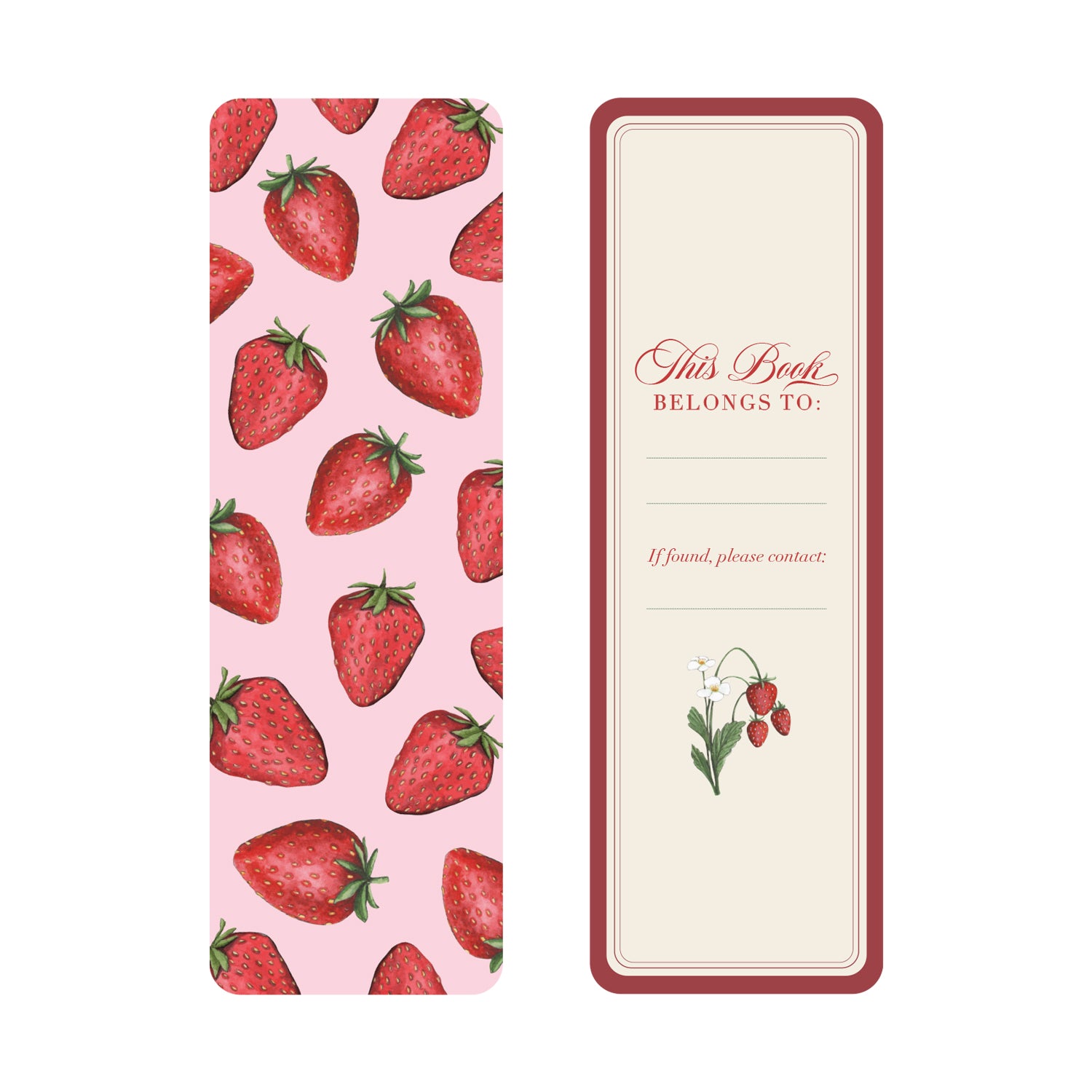 A bookmark with strawberries on a pink background on the front and a name label on the back with a red border.
