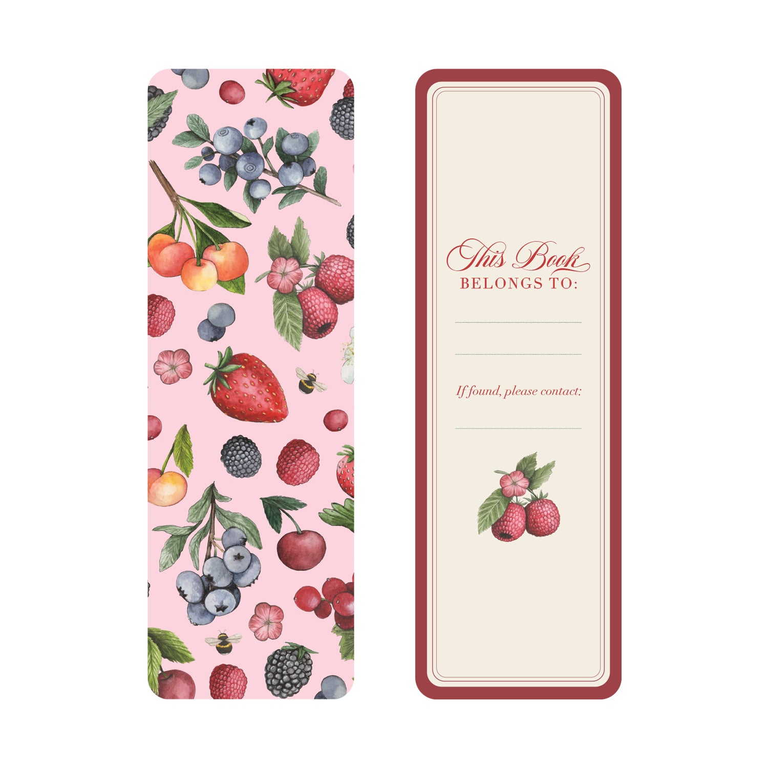 A bookmark with wild berries on a pink background on the front and a name label on the back with a red border.