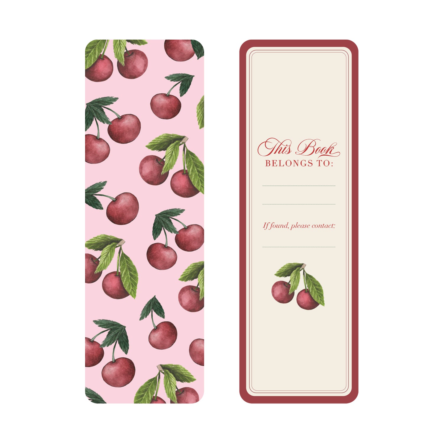 A bookmark with cherries on a pink background on the front and a name label on the back with a red border.