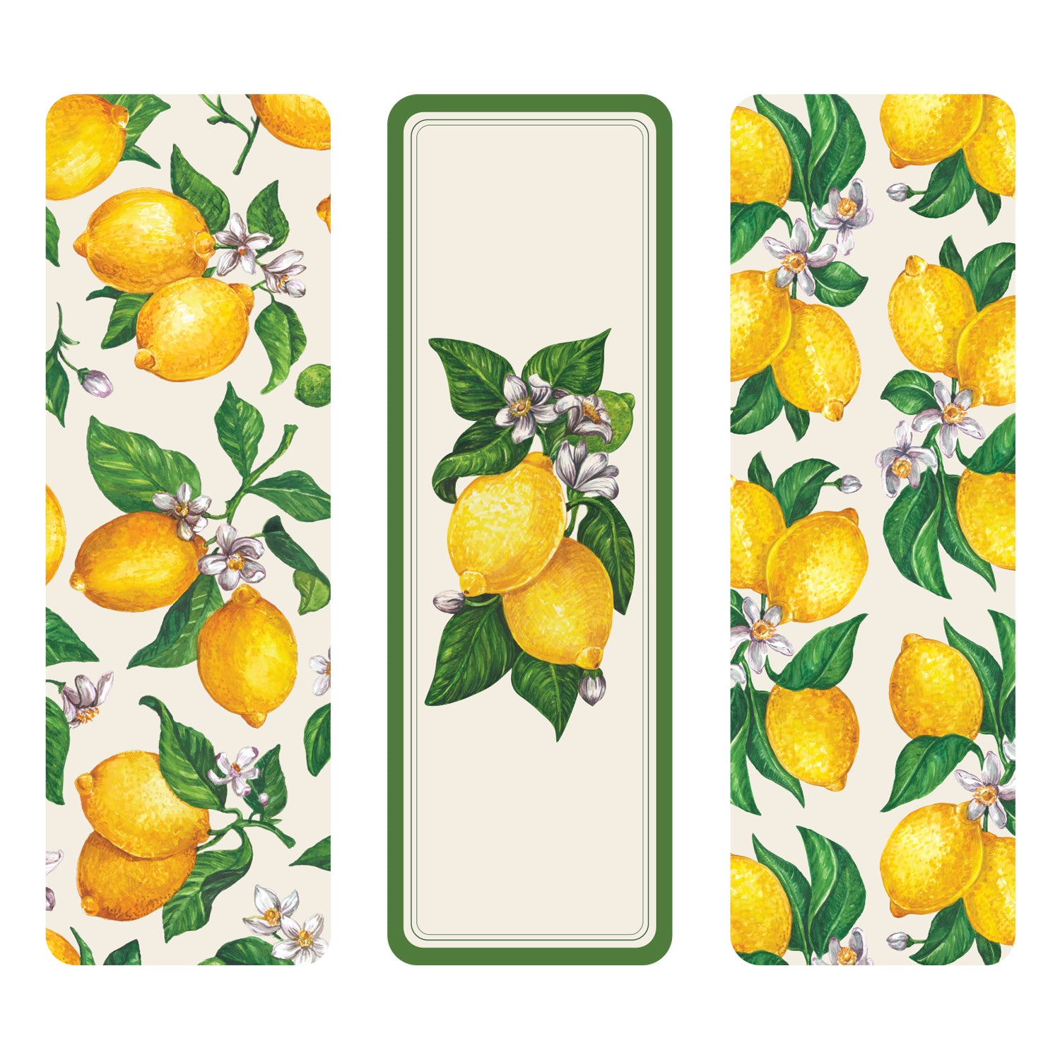 Lemon Bookmarks Set of 3 showcasing lemons in three different designs.