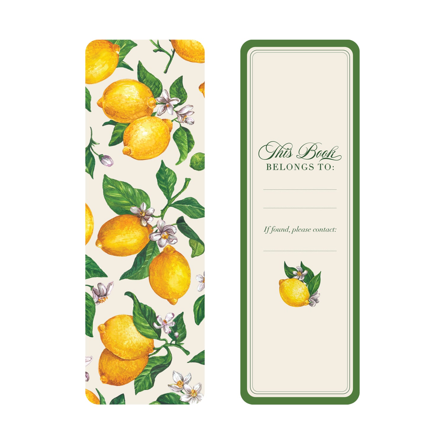 The Lemons Bookmark showcasing a lemons pattern on the front and a blank space to write a name on the back with a green border and cream background.