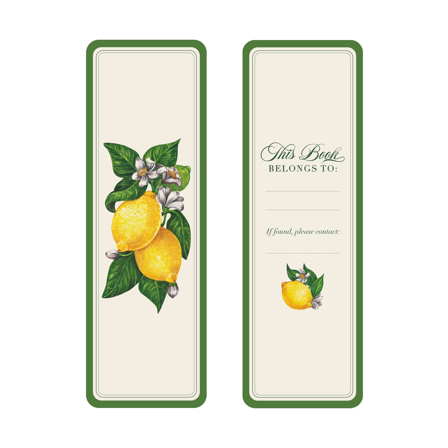 The front and back of the Lemons bookmark showcasing lemons on a cream background with a green border on the front and a blank ownership label on the back.