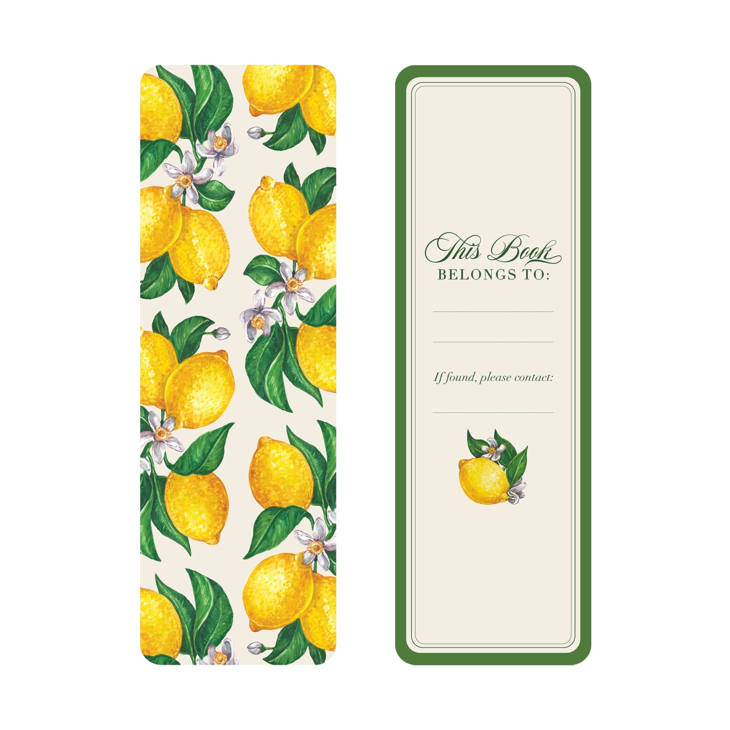 The front of the Lemons Bookmark showing a pattern of lemons and a blank ownership label on the back on a cream background with a green border.