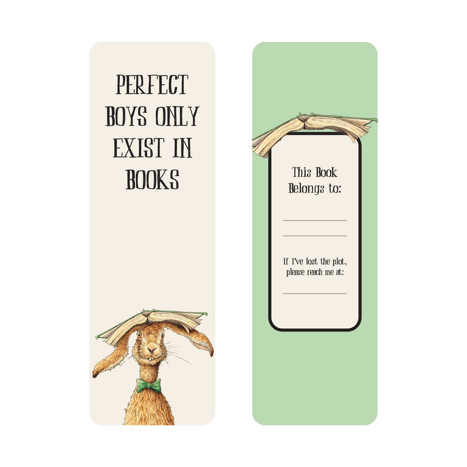 An Avid Reader Bookmark featuring Bewilderbeest artwork with a rabbit with a book on its head and "Perfect boys only exist in books" on the front. The back offers space for ownership details and features an open book illustration.